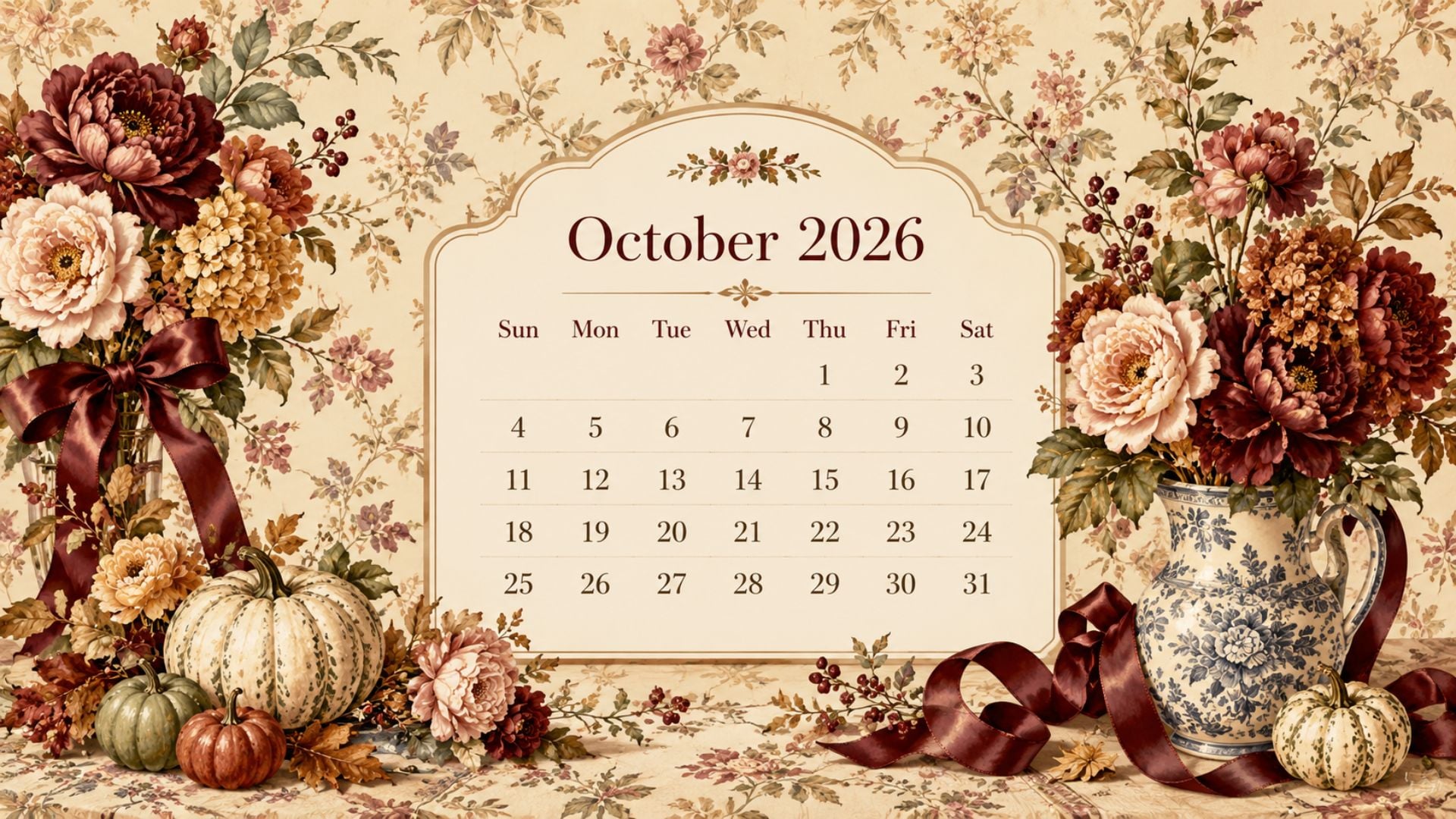Grandmillennial October 2026 desktop calendar wallpaper with moody floral chintz, tiny pumpkins, burgundy ribbon and vintage-inspired autumn colours.