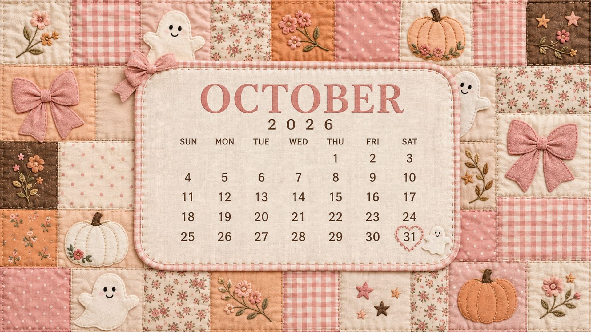 Cute October 2026 desktop calendar wallpaper with patchwork gingham squares, ghosts, bows, pumpkins and tiny florals.