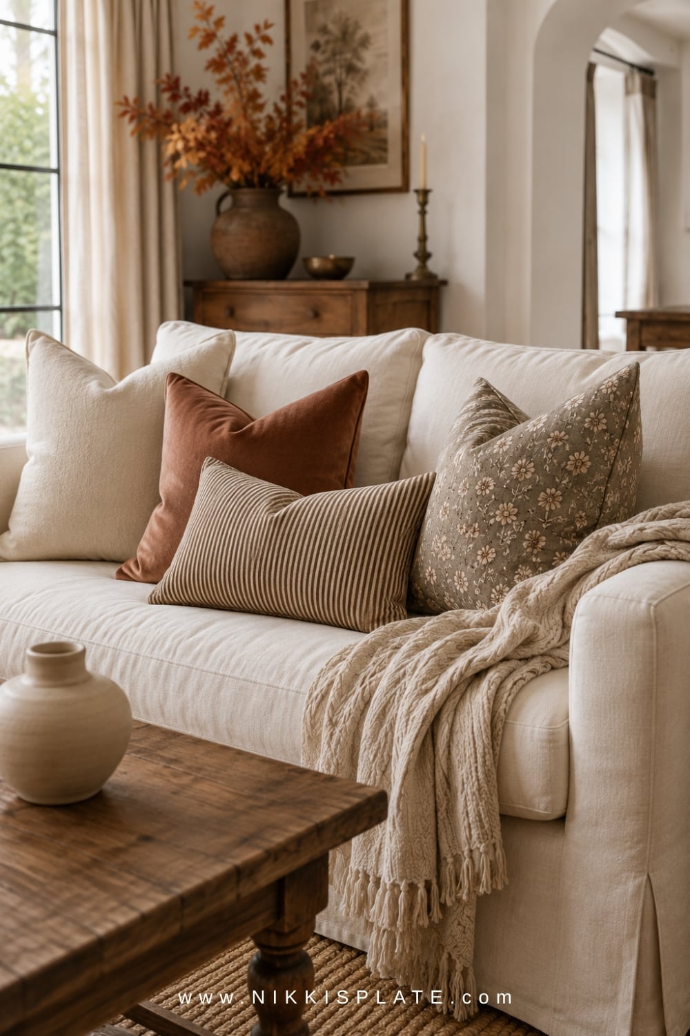 Relaxed fall sofa arrangement mixing cream linen, dusty floral, chocolate velvet and striped lumbar pillows.
