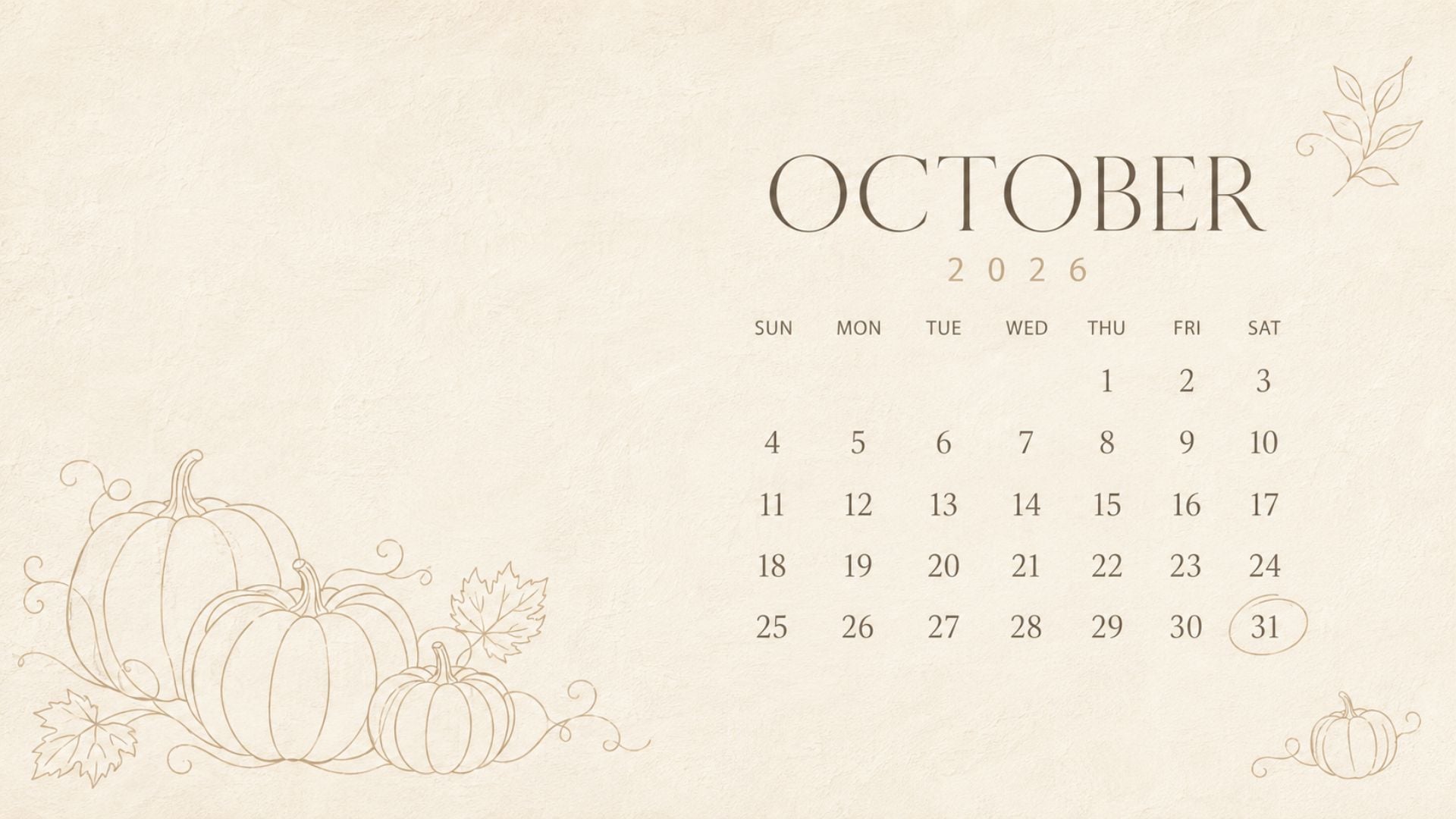 Minimal October 2026 desktop calendar background with beige pumpkin line art, warm cream texture and clean black typography.