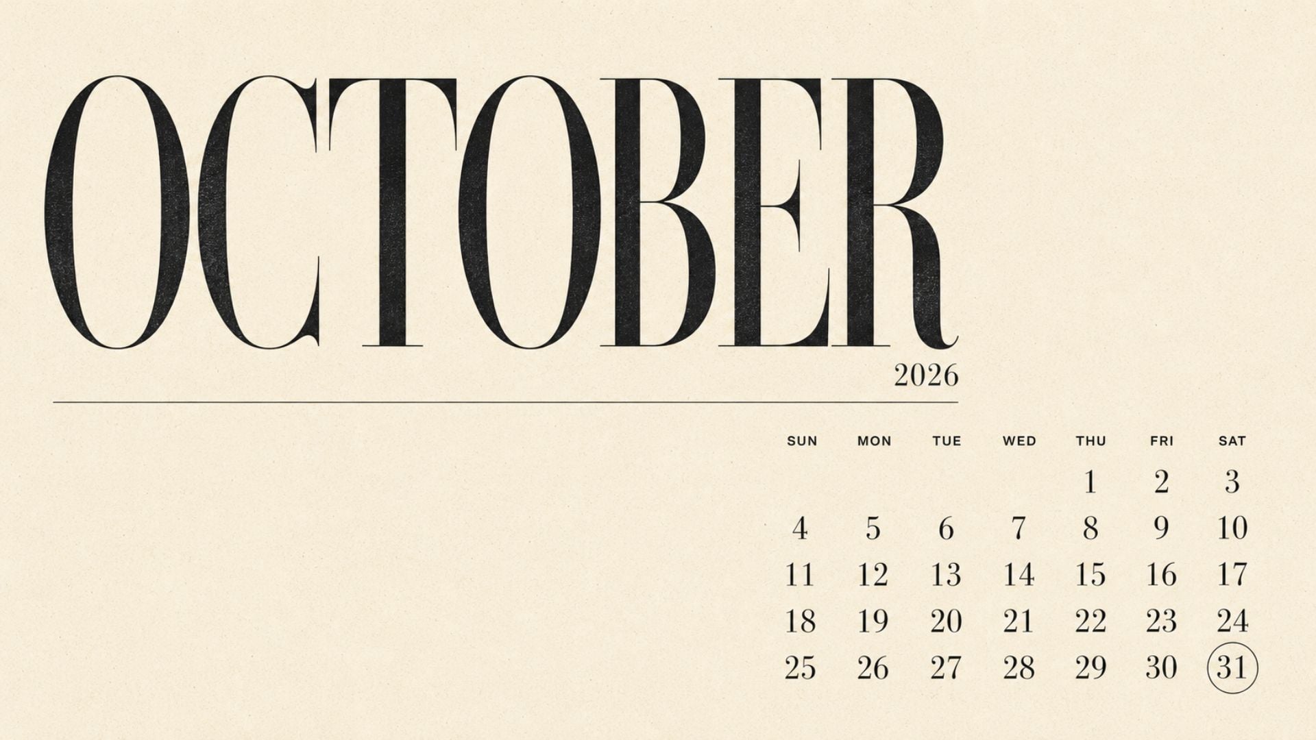 Simple black and cream October 2026 desktop calendar background with oversized October lettering and a compact monthly calendar.