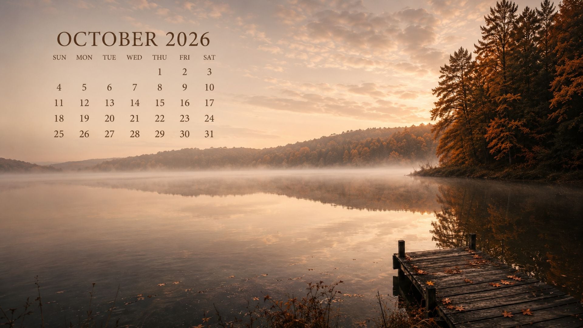 Moody October 2026 desktop calendar background with a misty forest lake, orange trees and soft early-morning light.