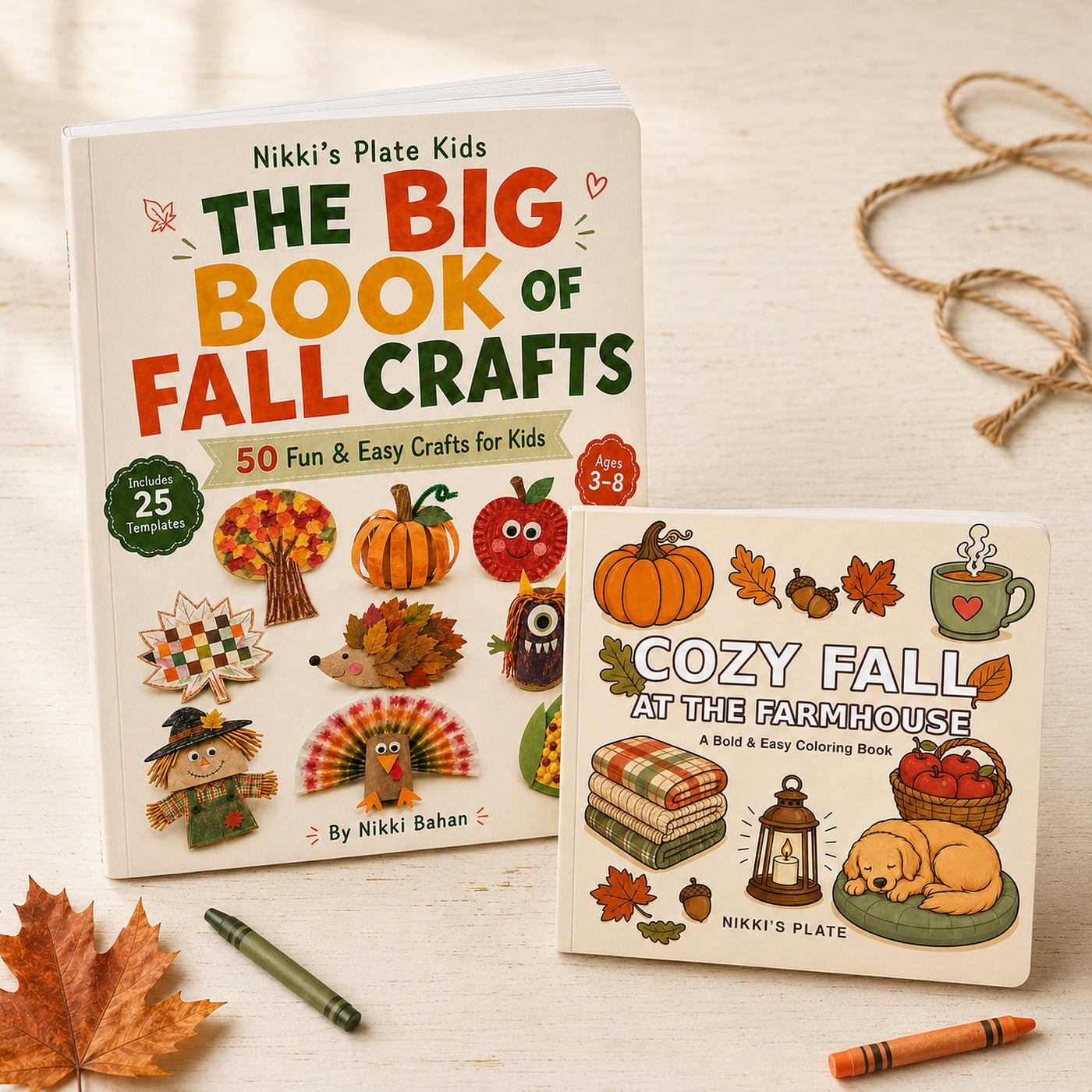The Big Book of Fall Crafts and Cozy Fall at the Farmhouse displayed as realistic paperback books on an autumn craft table.