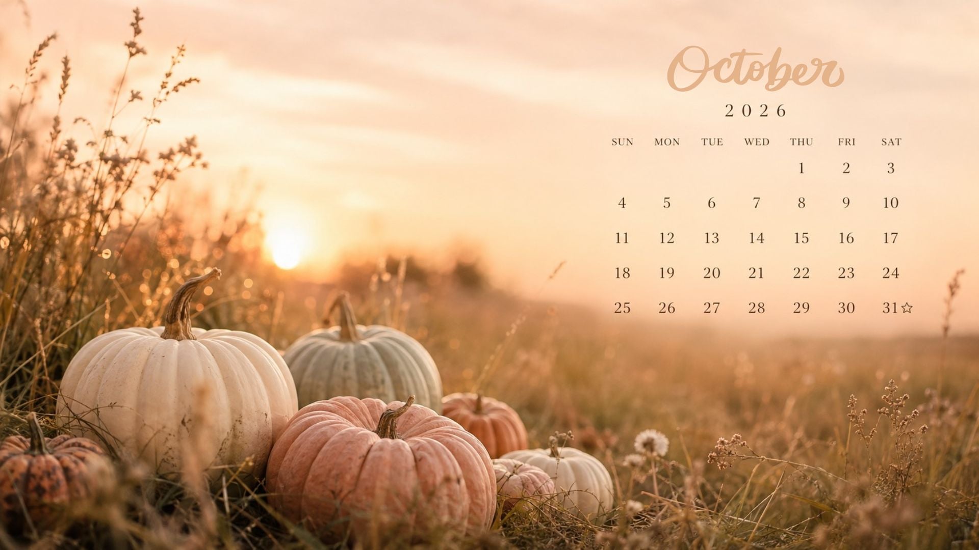 October 2026 desktop calendar background featuring a pumpkin patch at golden sunset with orange leaves and an easy-to-read monthly calendar.