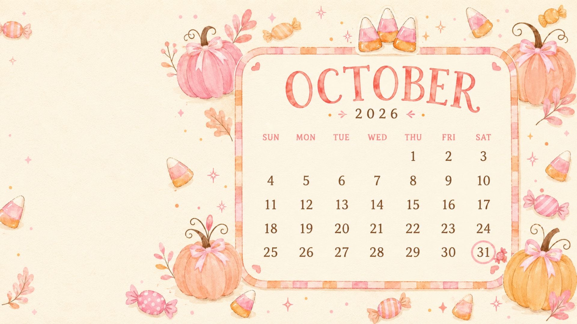Pastel Halloween October 2026 desktop background with candy corn, wrapped sweets, pumpkins and a playful monthly calendar.