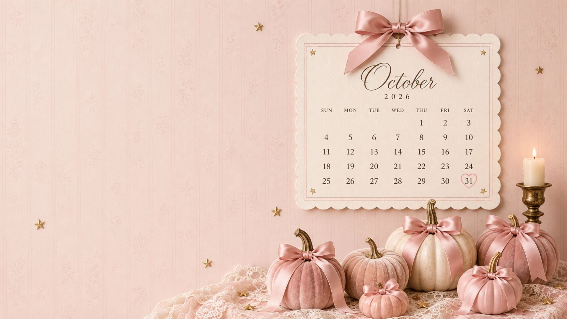 IMAGE ALT TEXT: Pink Halloween October 2026 desktop calendar background with blush pumpkins, satin bows, tiny stars and feminine coquette details.