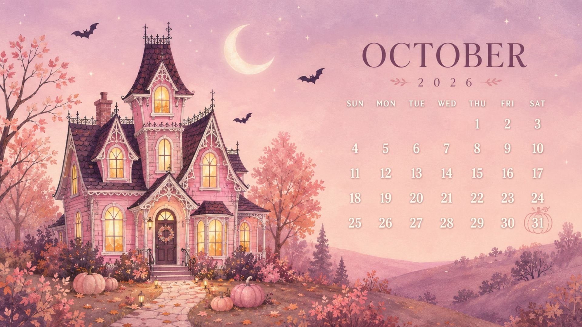 Cute pink haunted house October 2026 desktop calendar wallpaper with glowing windows, bats and blush fall foliage.