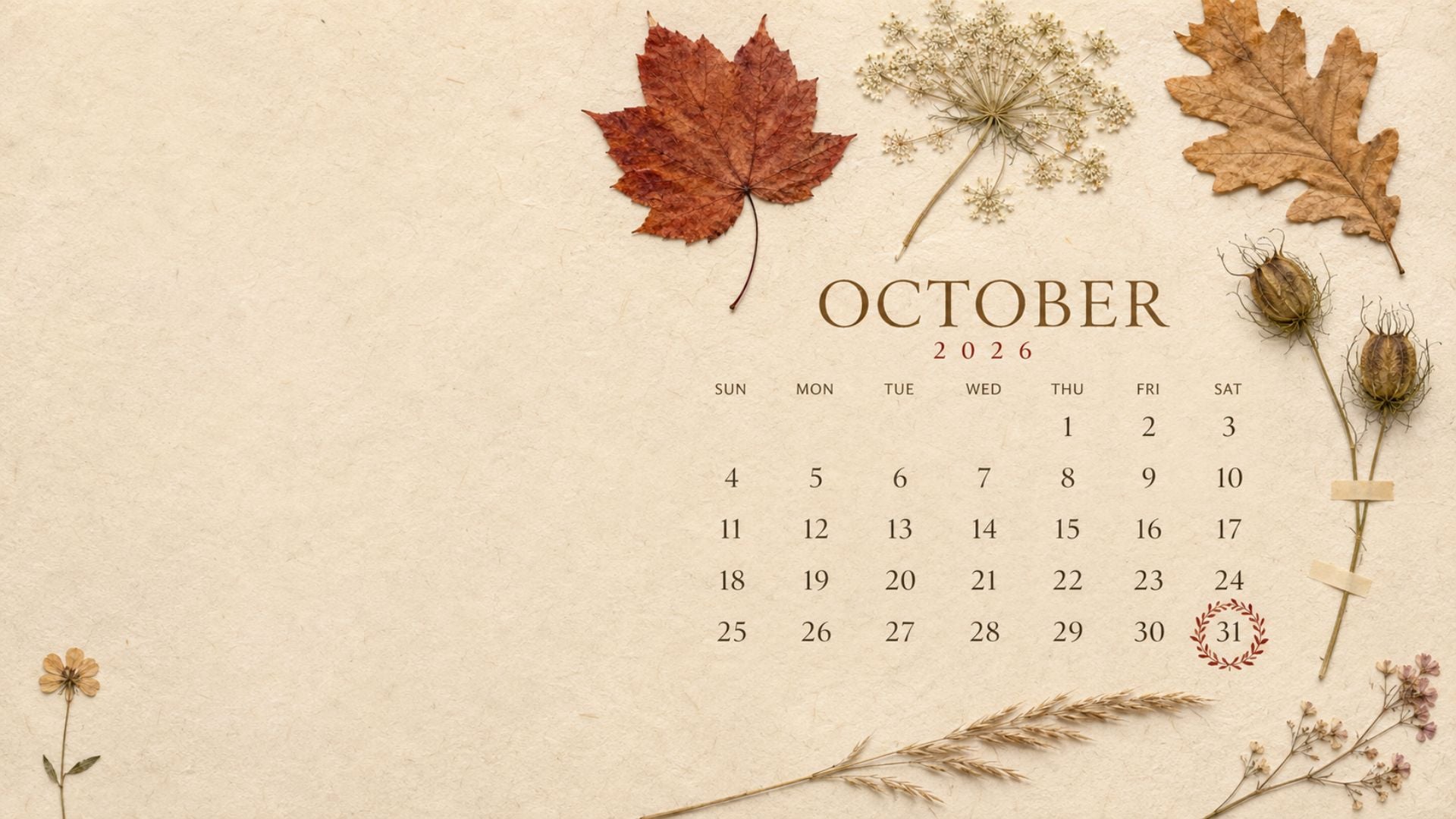 Minimal October 2026 desktop calendar wallpaper with pressed autumn leaves, seed pods and wildflowers on cream paper.