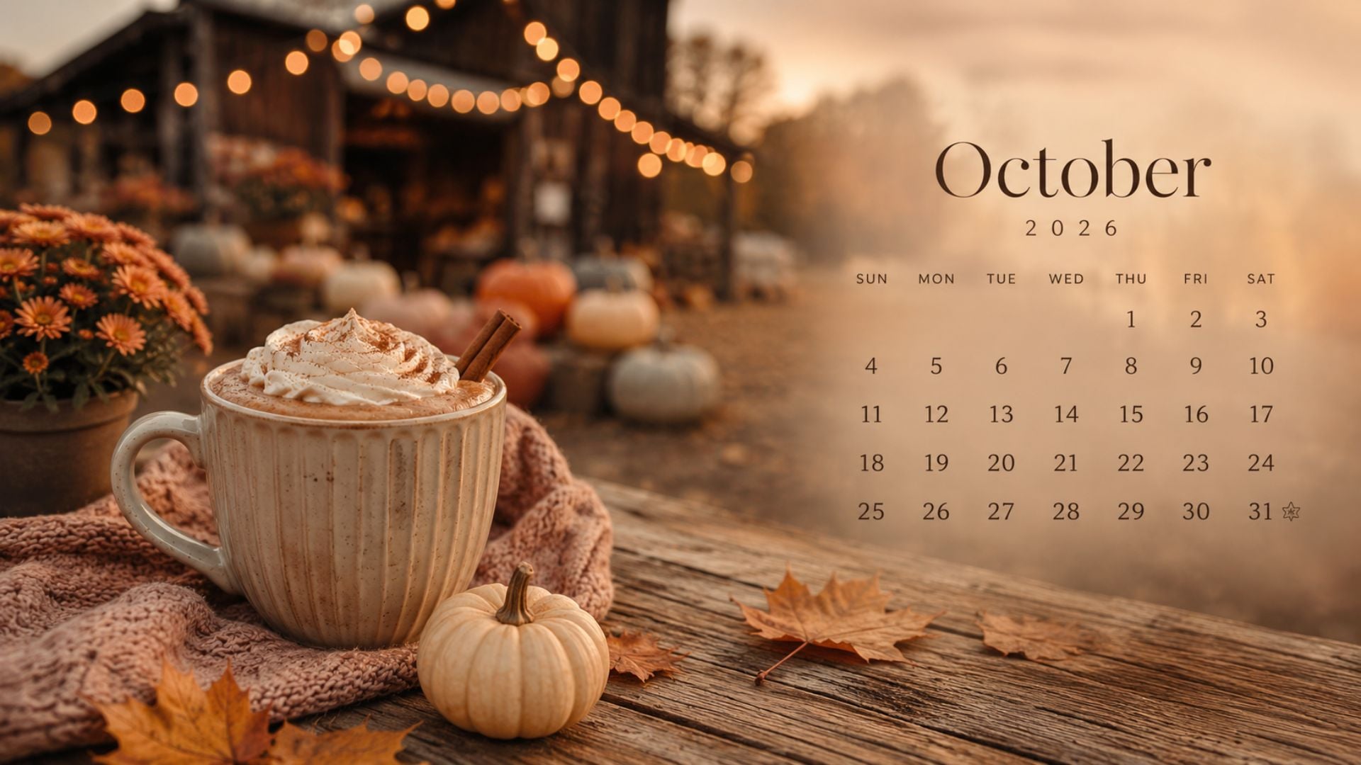 October 2026 calendar wallpaper with a pumpkin spice coffee at a fall market