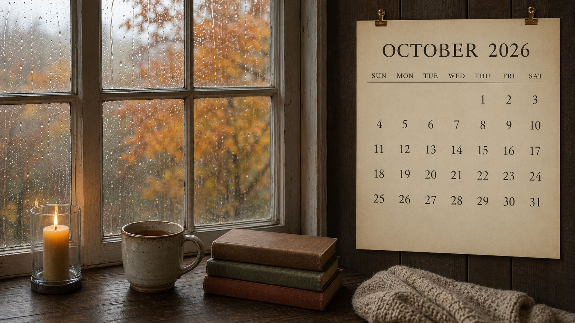 Cozy October 2026 desktop wallpaper with a rain-streaked window, glowing candle, tea, books and a clear calendar.