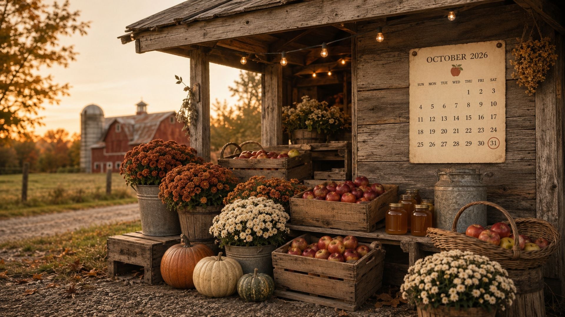 Rustic October 2026 calendar background with a farmstand, pumpkins, apples, mums and cozy string lights.