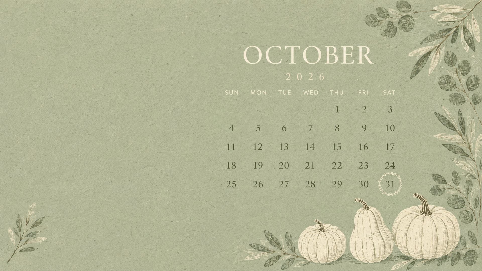 Sage green October 2026 desktop calendar background with delicate leaves, tiny cream pumpkins and plenty of open space.