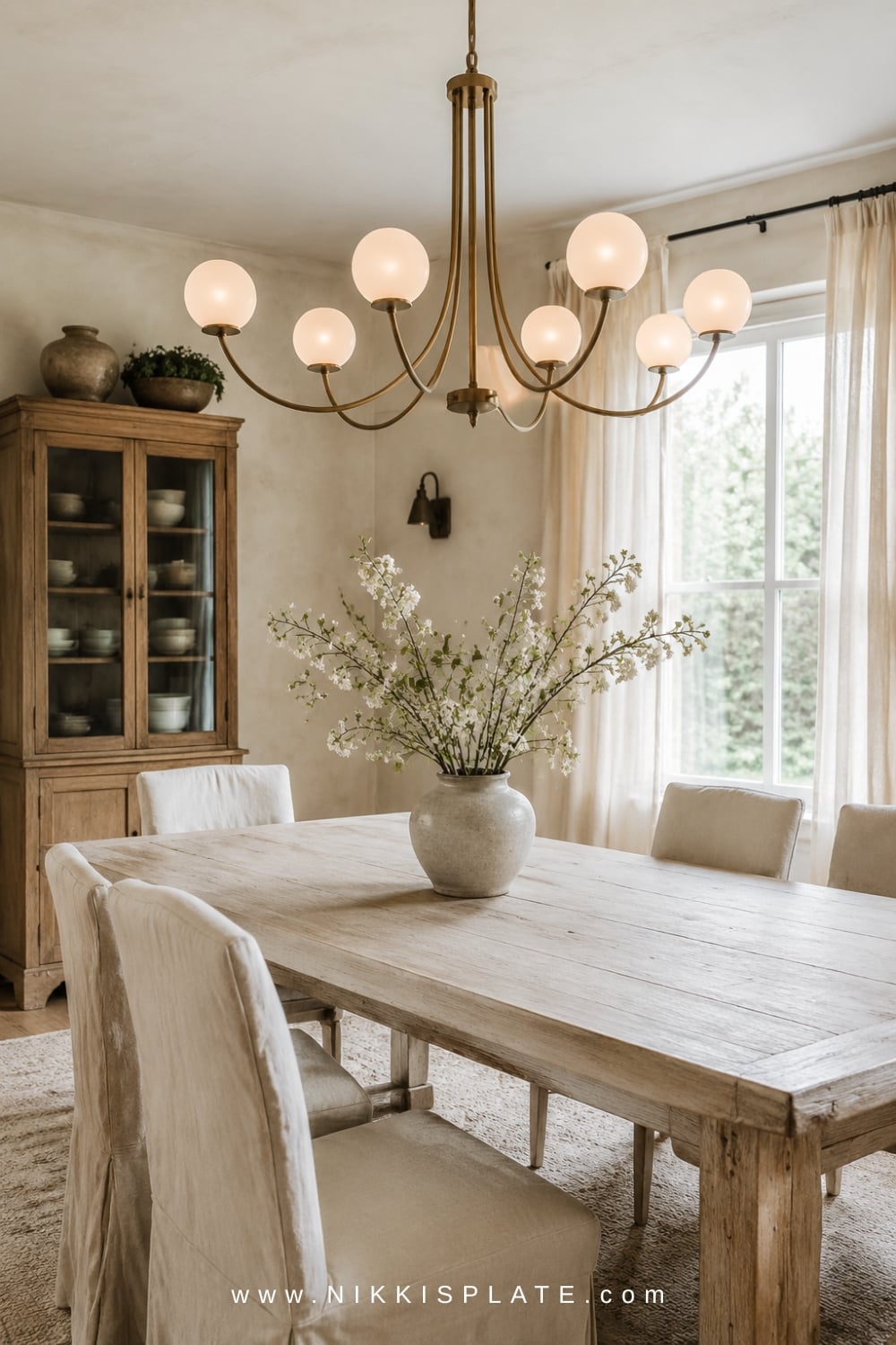 Airy farmhouse dining room with an aged brass globe statement chandelier above a rustic white oak table.