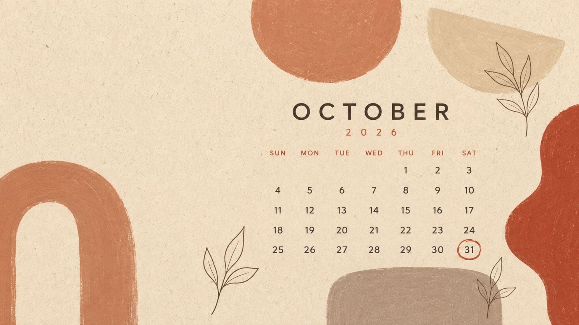 Modern October 2026 desktop background with muted terracotta shapes, warm beige tones, subtle leaves and a simple calendar.