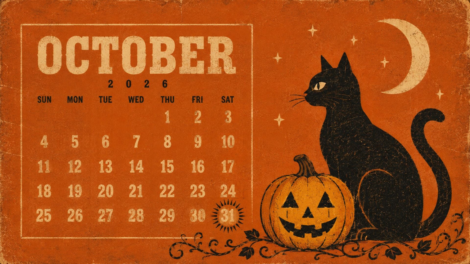 Vintage-inspired October 2026 desktop calendar wallpaper with a black cat, carved pumpkin, crescent moon and distressed orange paper texture.