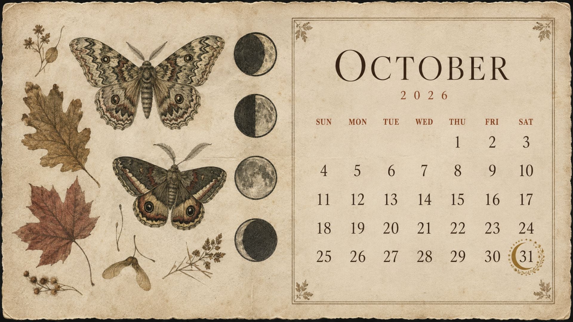 Vintage botanical October 2026 desktop background with autumn leaves, moths, moon phases and an elegant cream calendar.