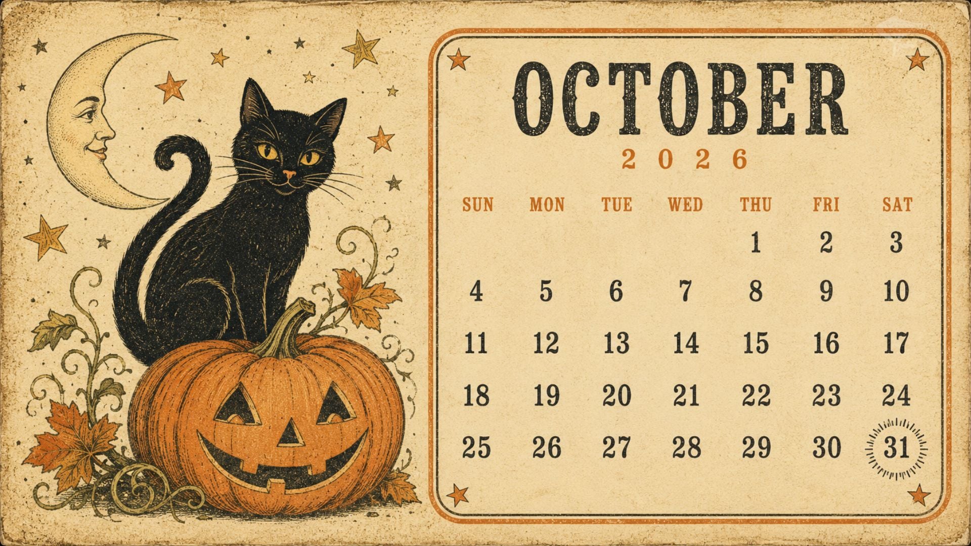 Vintage-inspired October 2026 calendar background with original black cat, pumpkin, moon and star postcard motifs in faded orange and cream.
