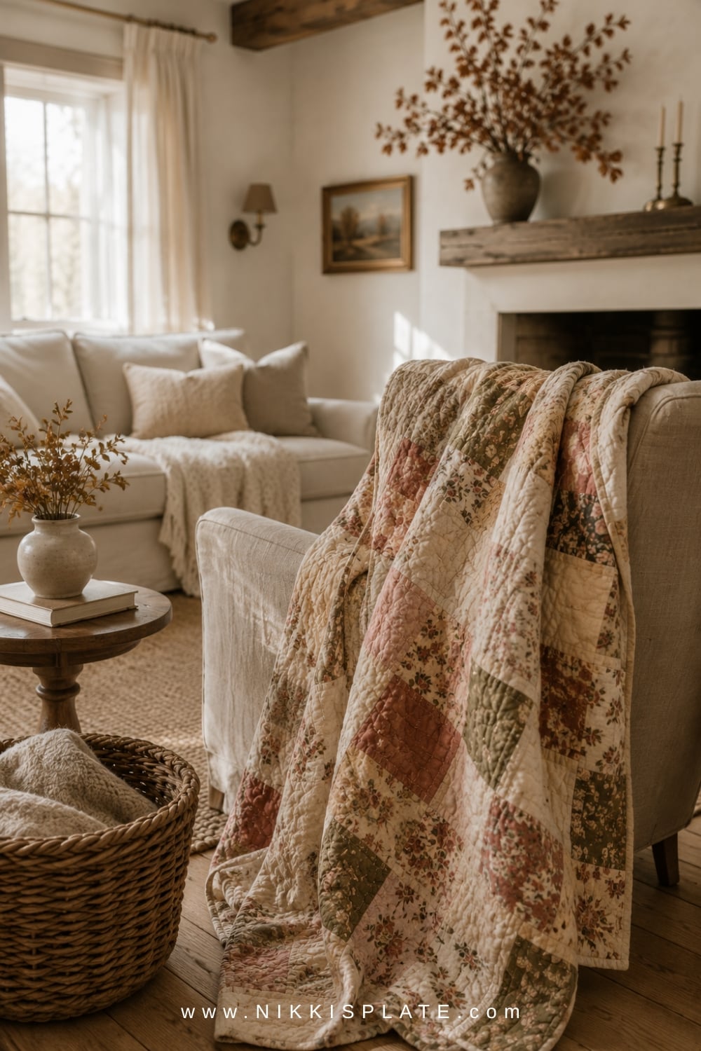 Faded floral patchwork quilt draped over a linen chair beside the fireplace in an airy fall living room.