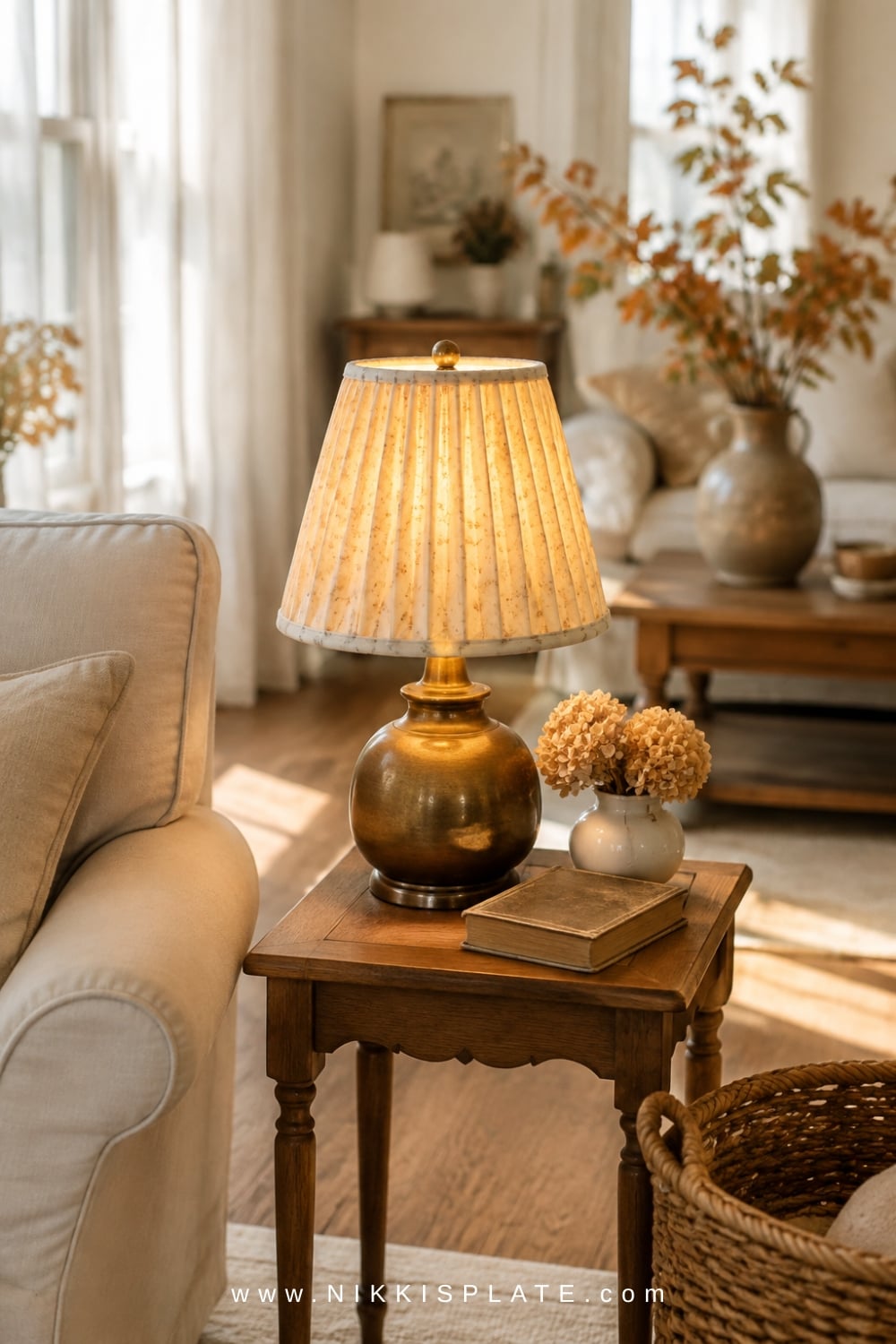 Aged brass lamp with a cream shade casting warm white light over a linen chair and autumn branches.