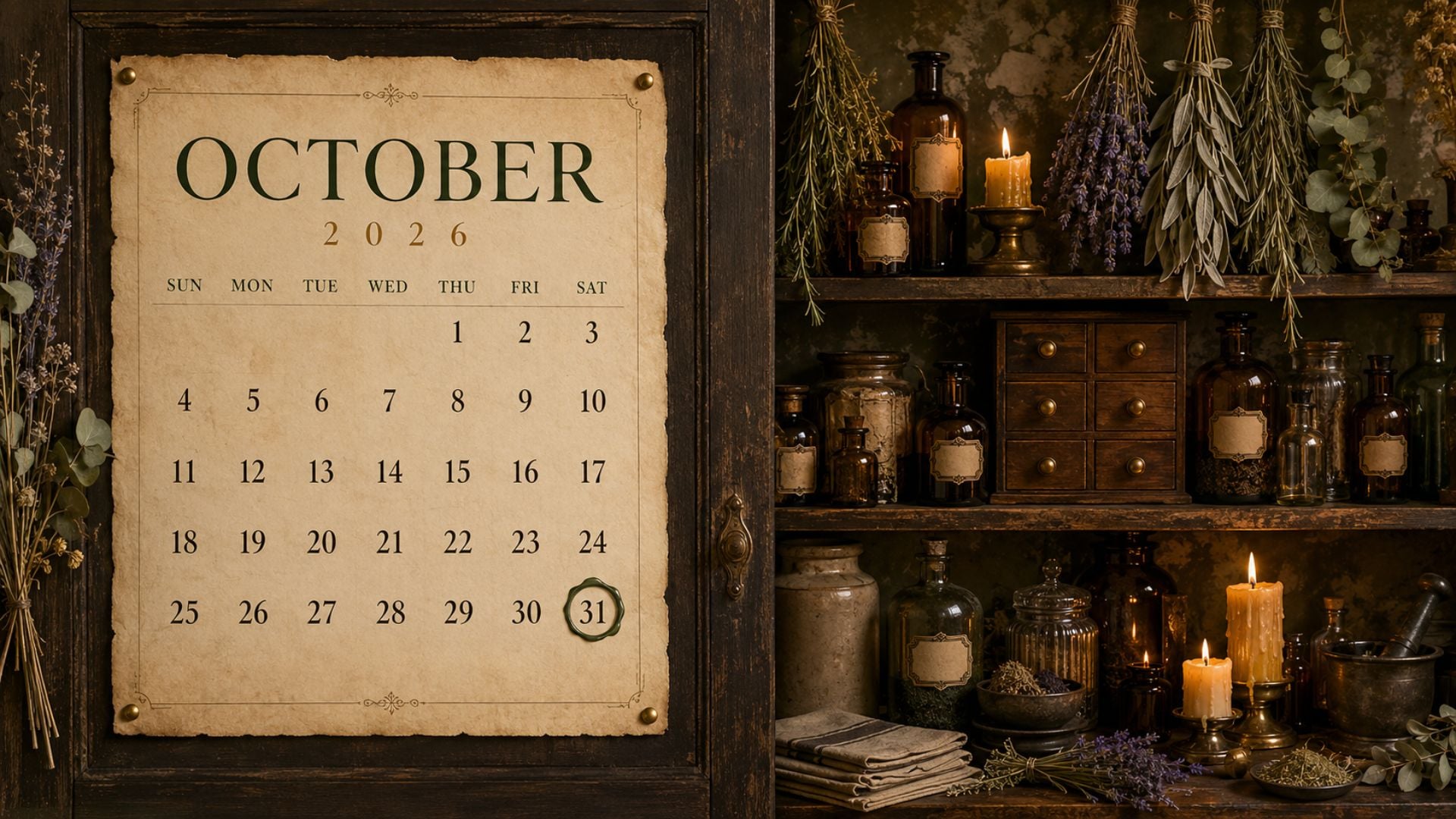 Witchy October 2026 desktop calendar background with amber bottles, dried herbs, candles and an antique apothecary shelf.