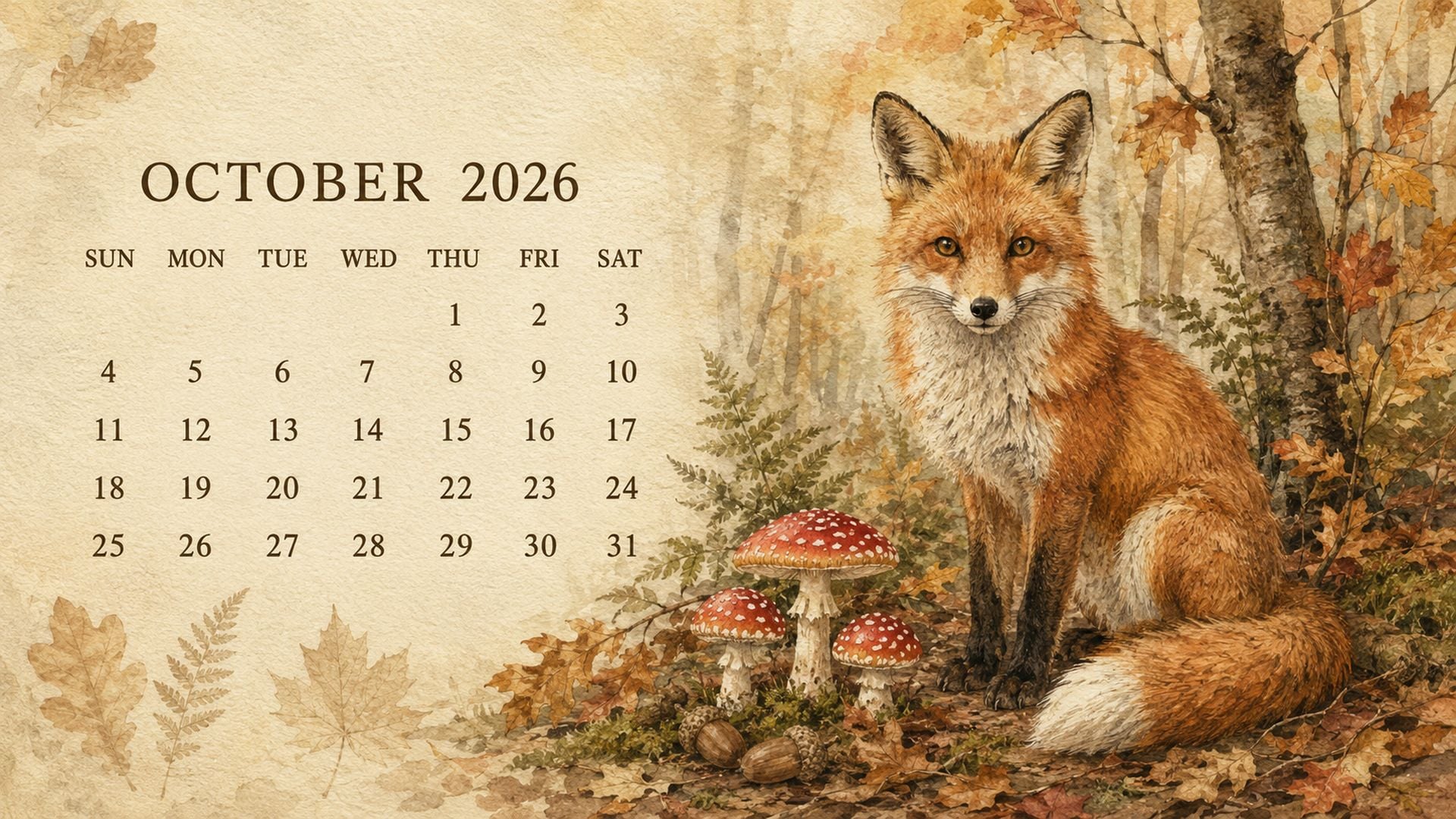 Whimsical October 2026 calendar background with a woodland fox, red mushrooms, acorns, ferns and warm autumn foliage.