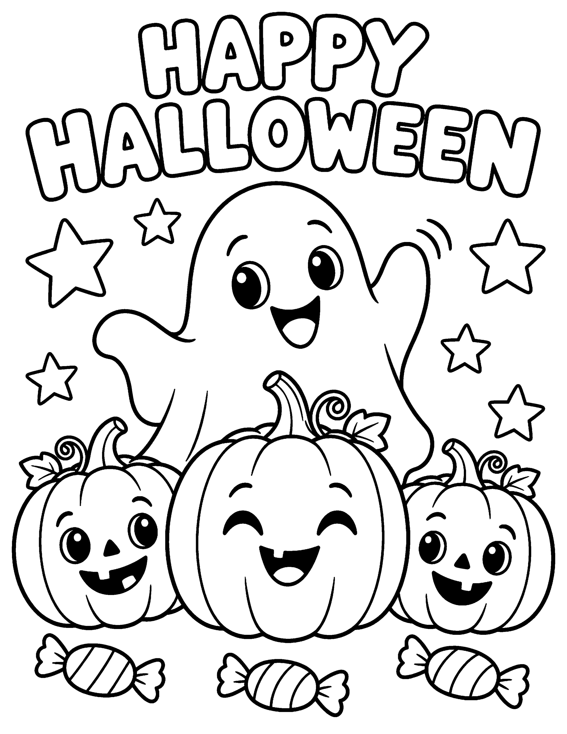 Cute Happy Halloween coloring page with smiling pumpkins, stars and a friendly ghost.
