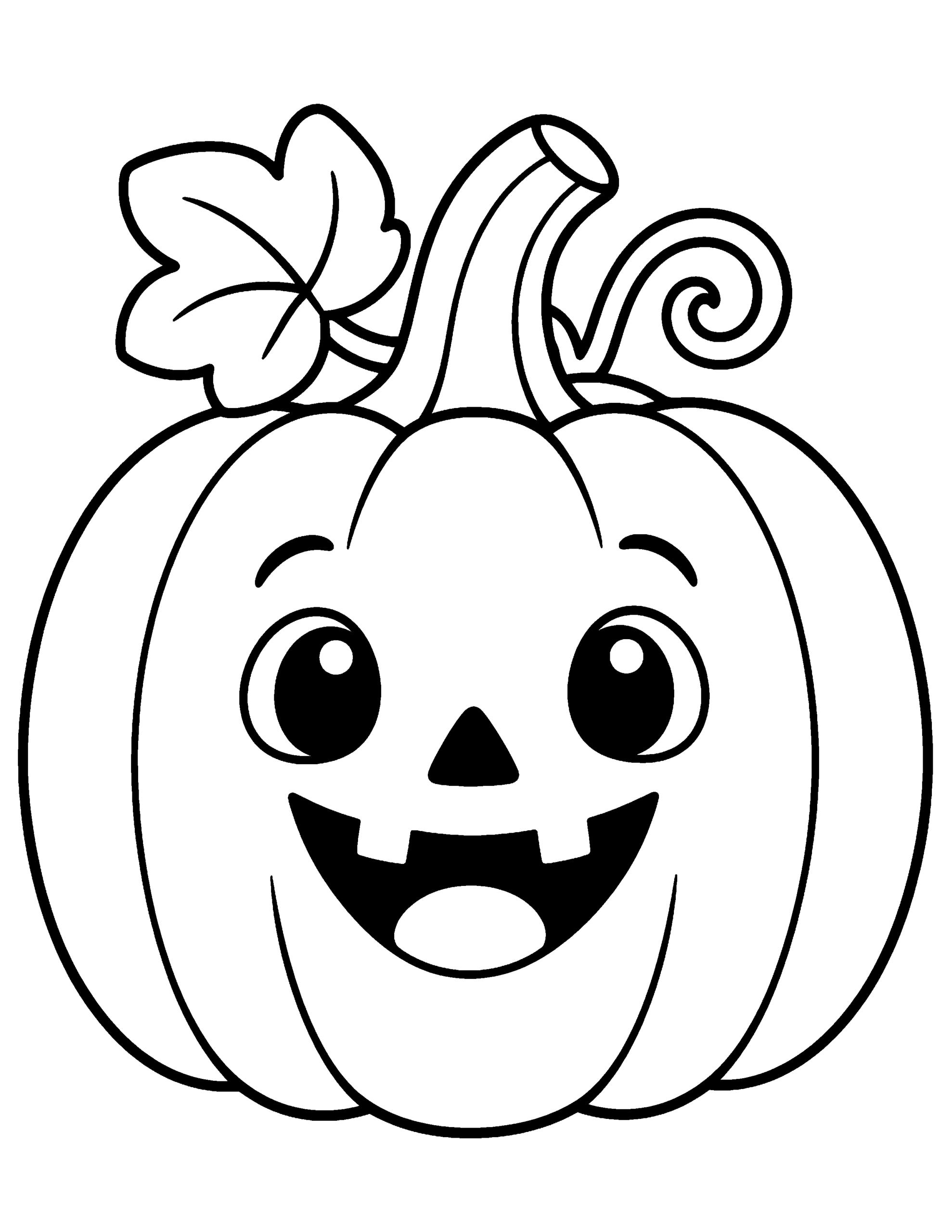 Cute smiling jack-o'-lantern Halloween coloring page for kids.