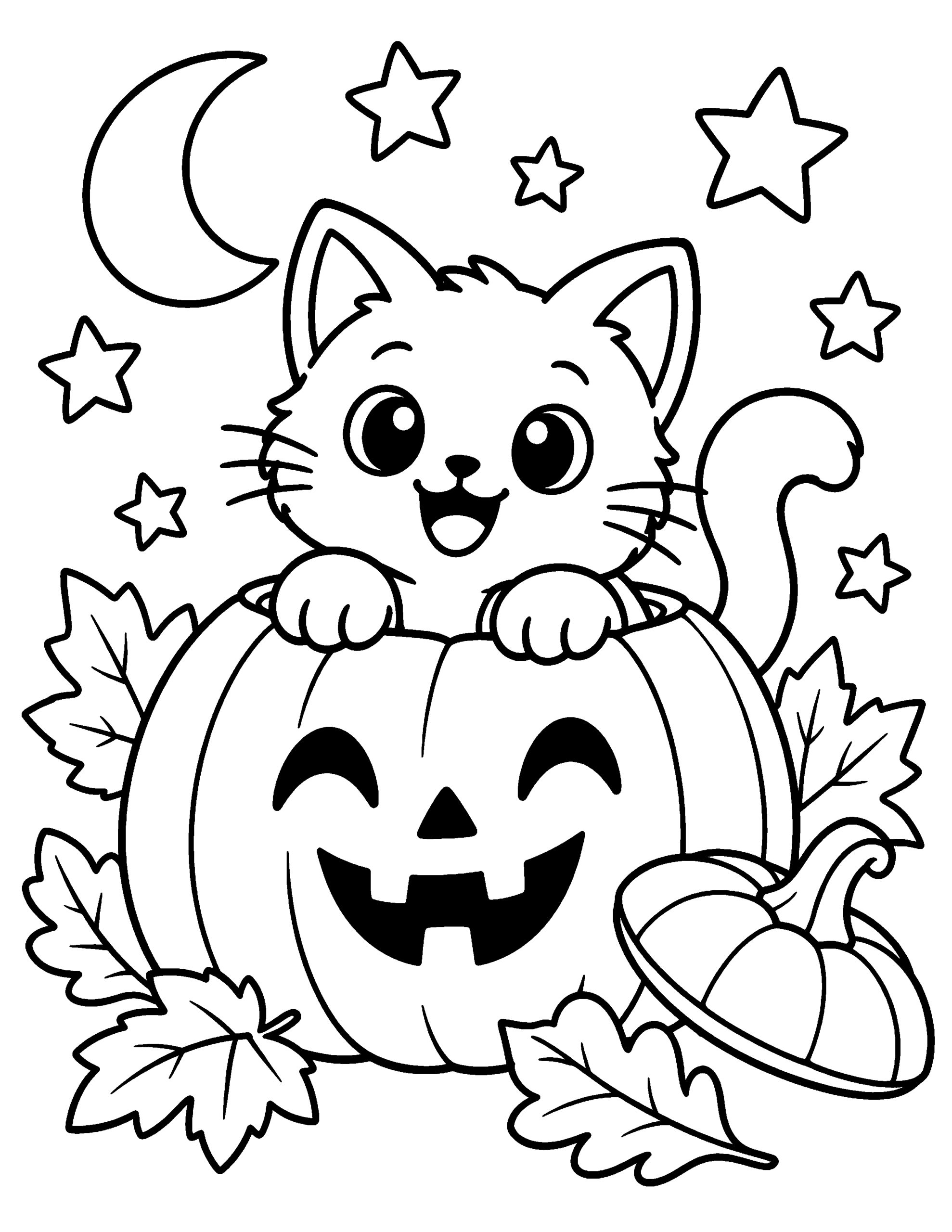Cute black cat peeking from a pumpkin Halloween coloring page.