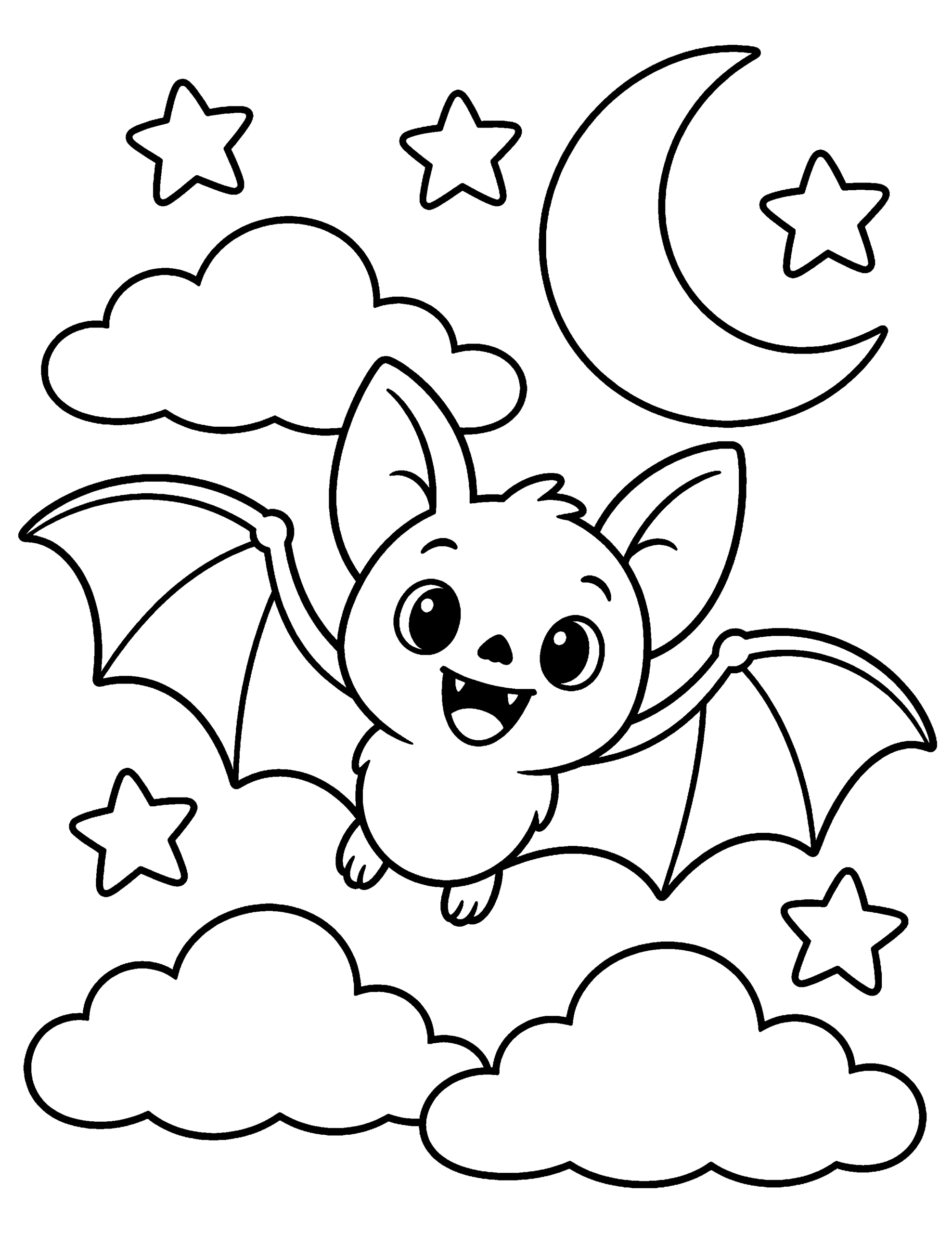 Cute bat and crescent moon Halloween coloring page with stars and clouds.