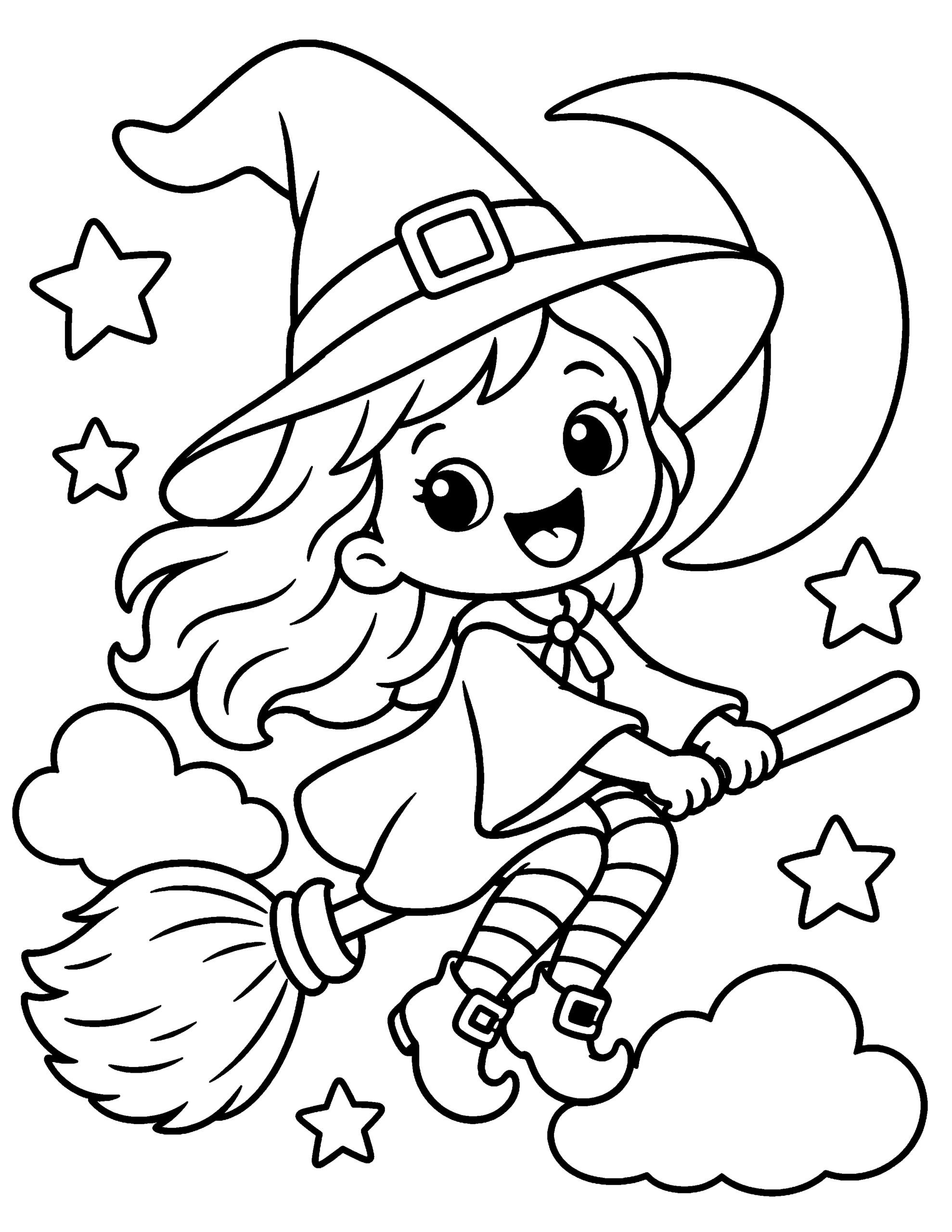 Cute little witch flying on a broom Halloween coloring page.