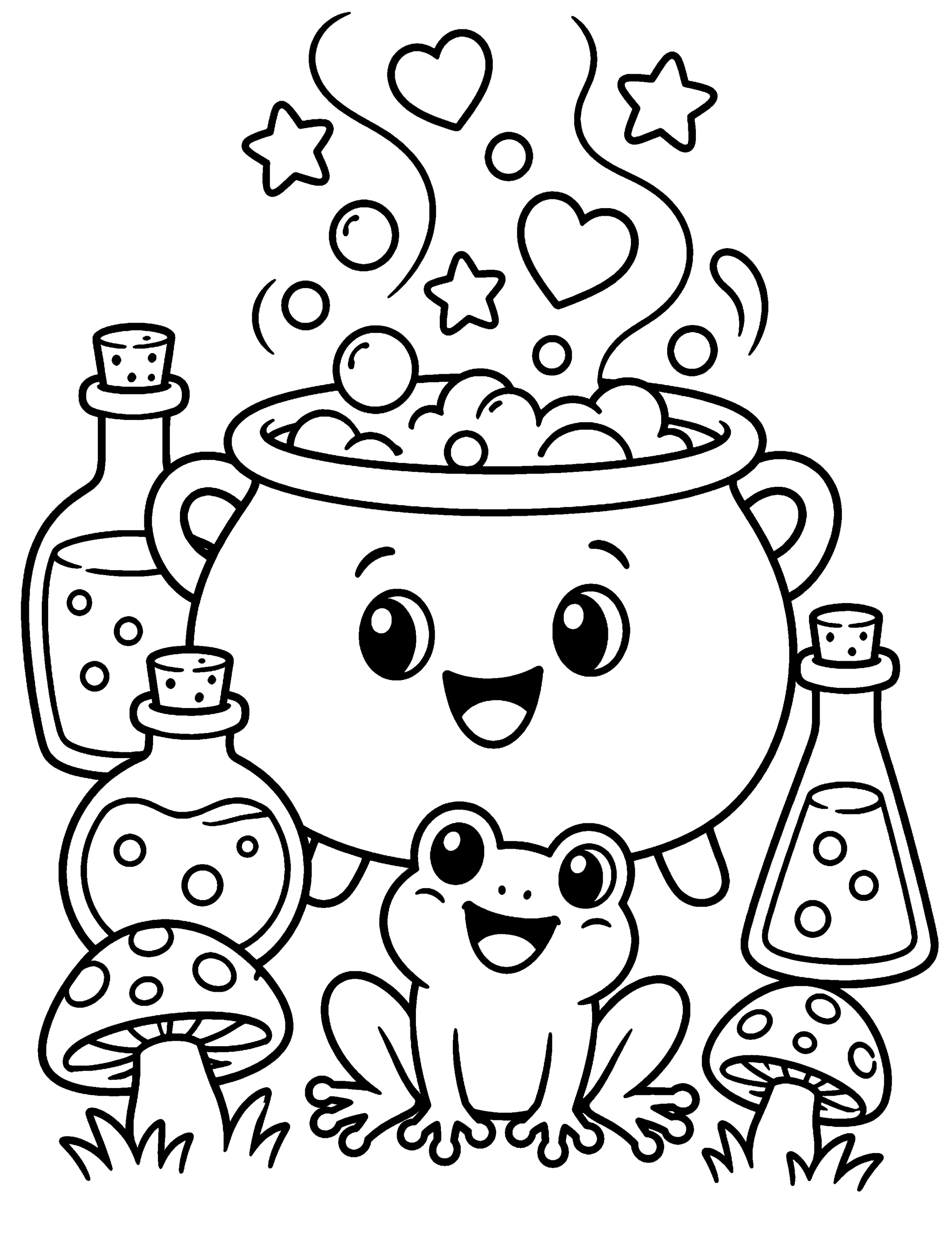 Cute witch cauldron coloring page with potions, stars and a frog.