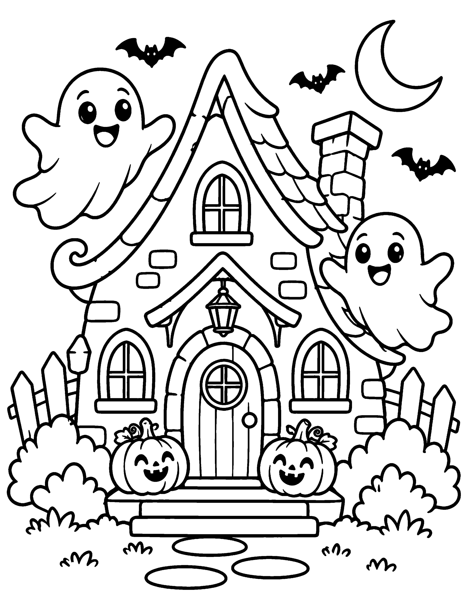 Cute haunted house Halloween coloring page with pumpkins, ghosts and bats.