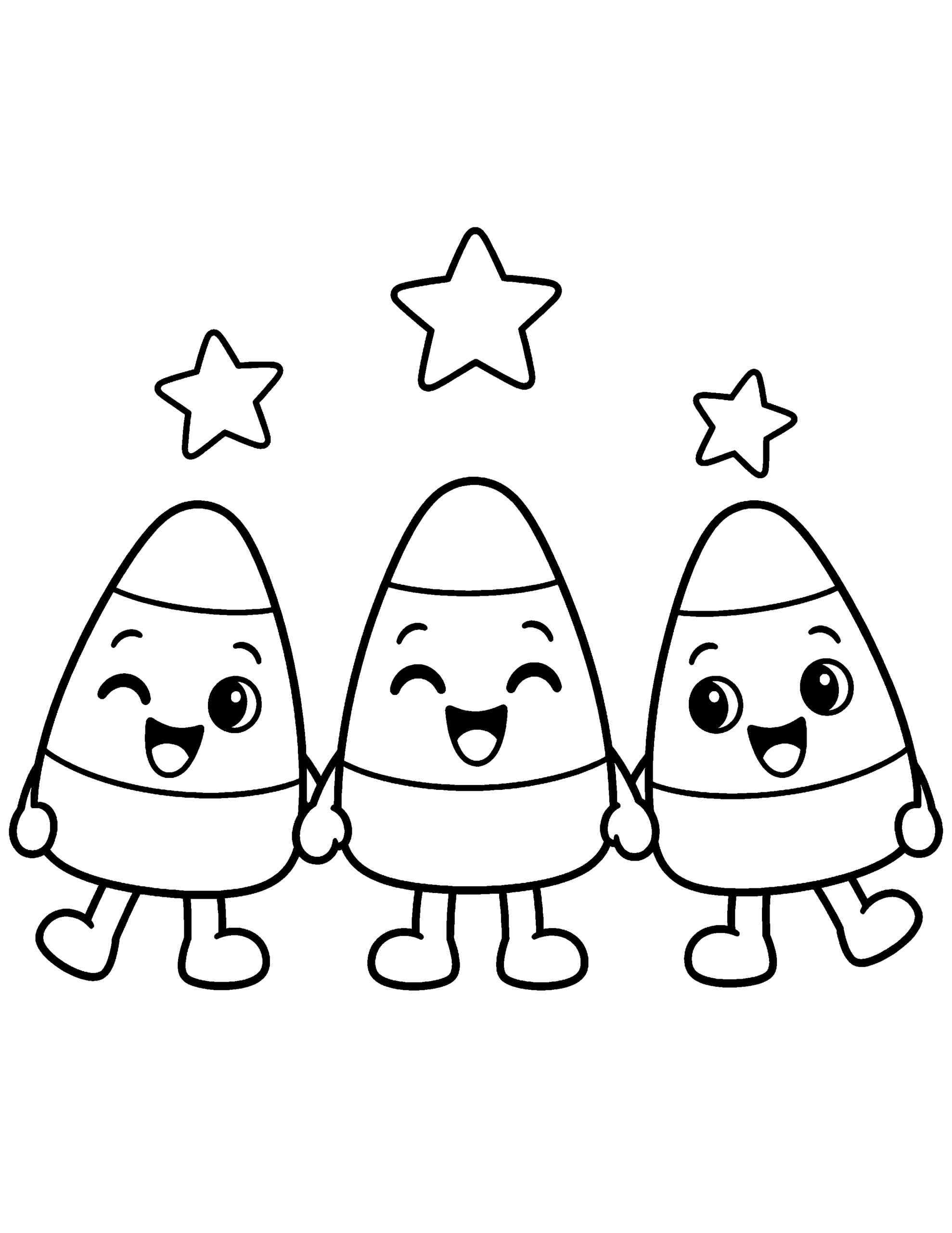 Three cute candy corn friends Halloween coloring page for preschoolers.