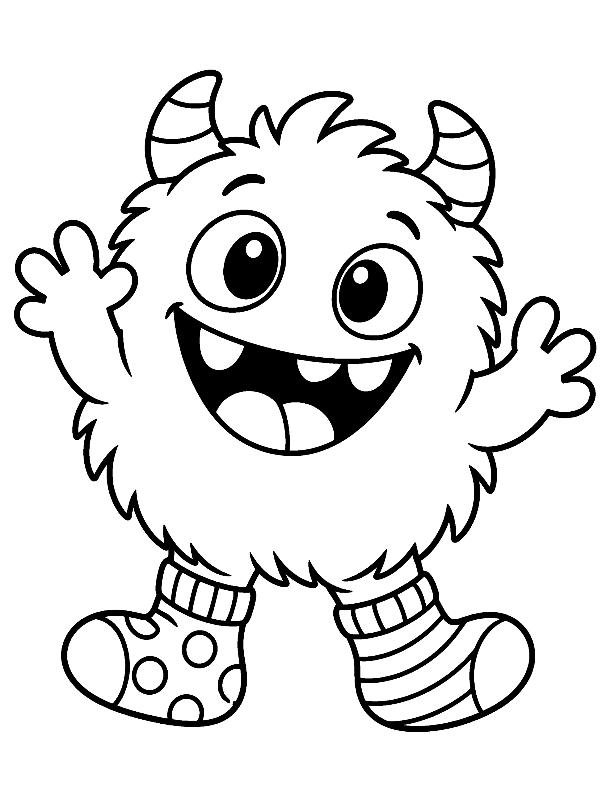 Friendly Halloween monster coloring page with a silly smile and tiny horns.