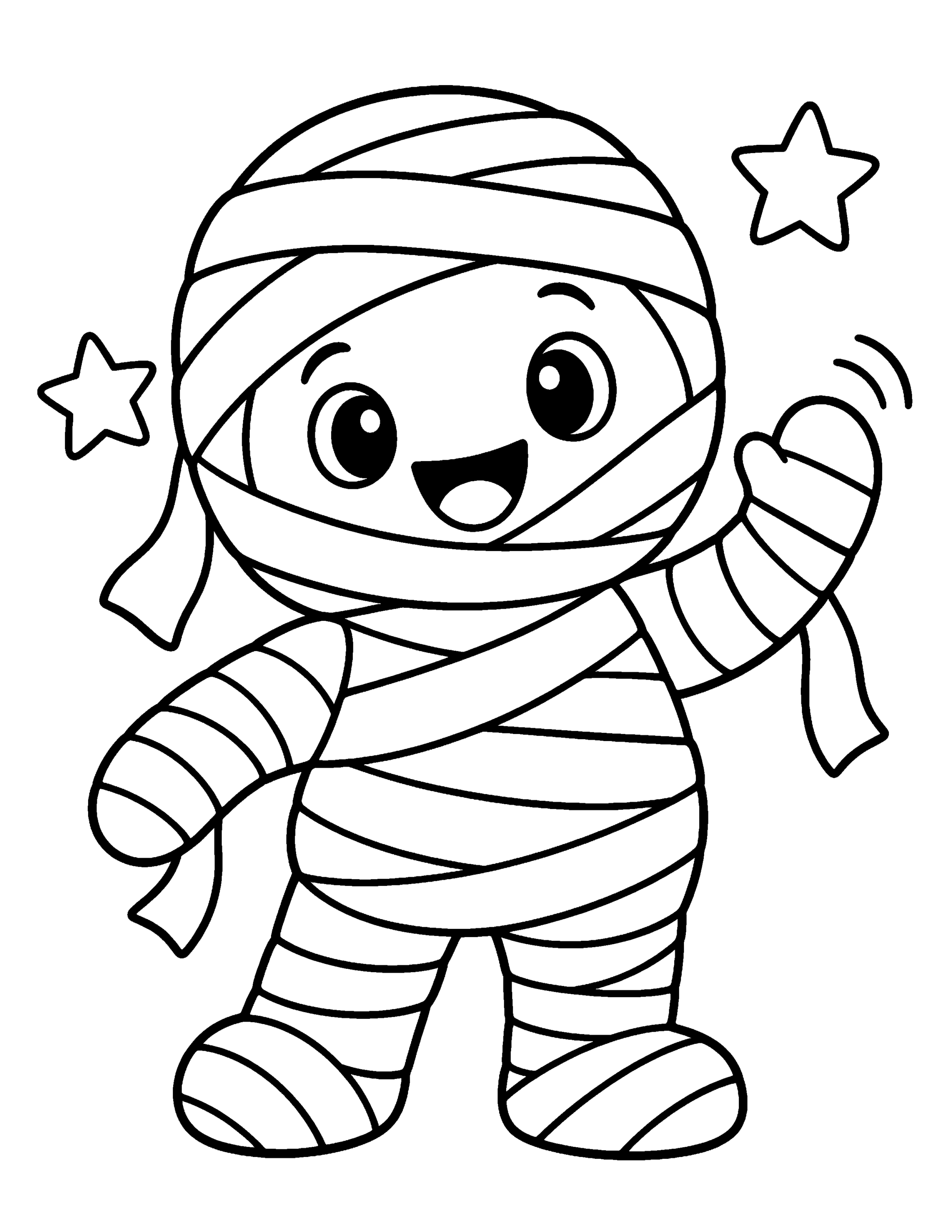 Cute waving mummy Halloween coloring page for kids.