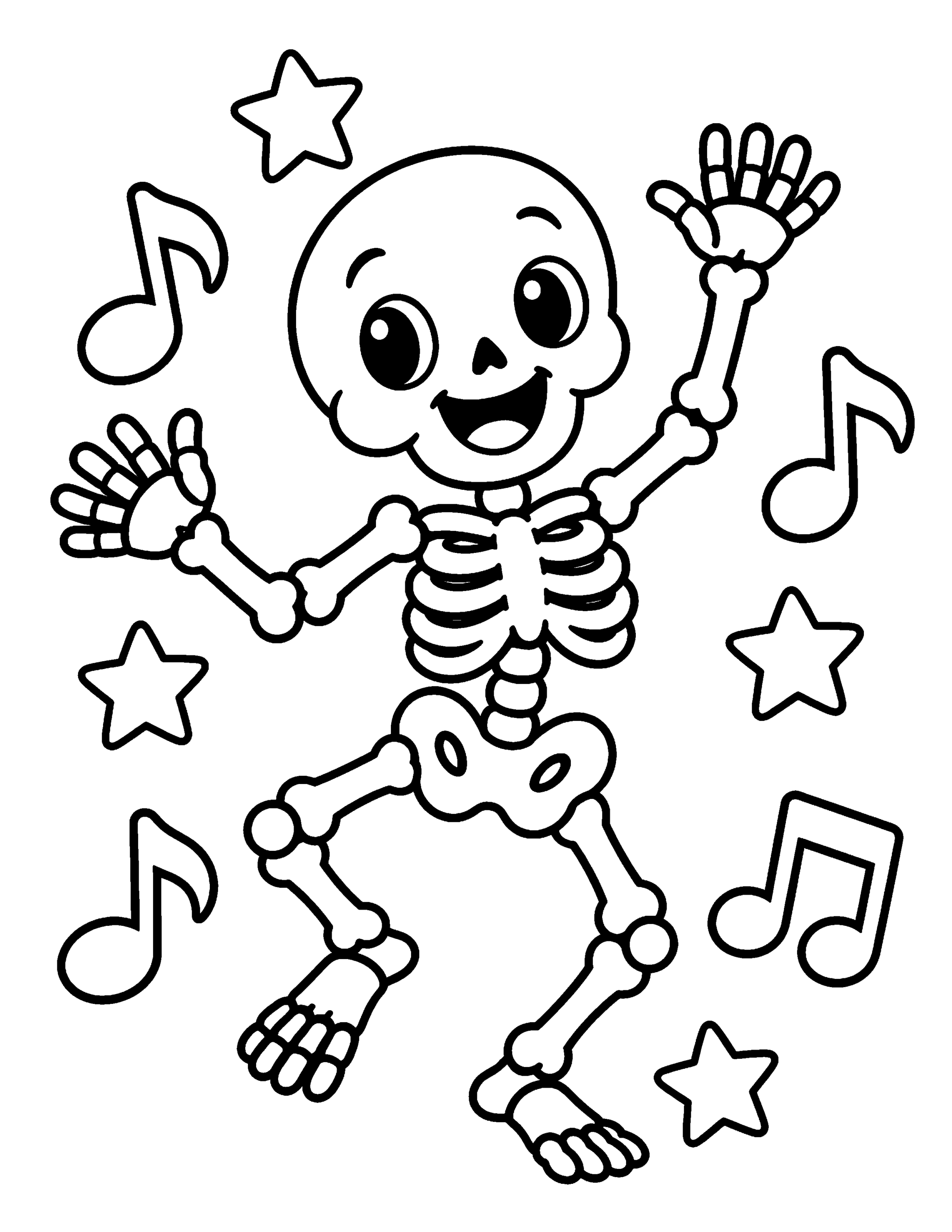 Funny dancing skeleton Halloween coloring page with music notes and stars.