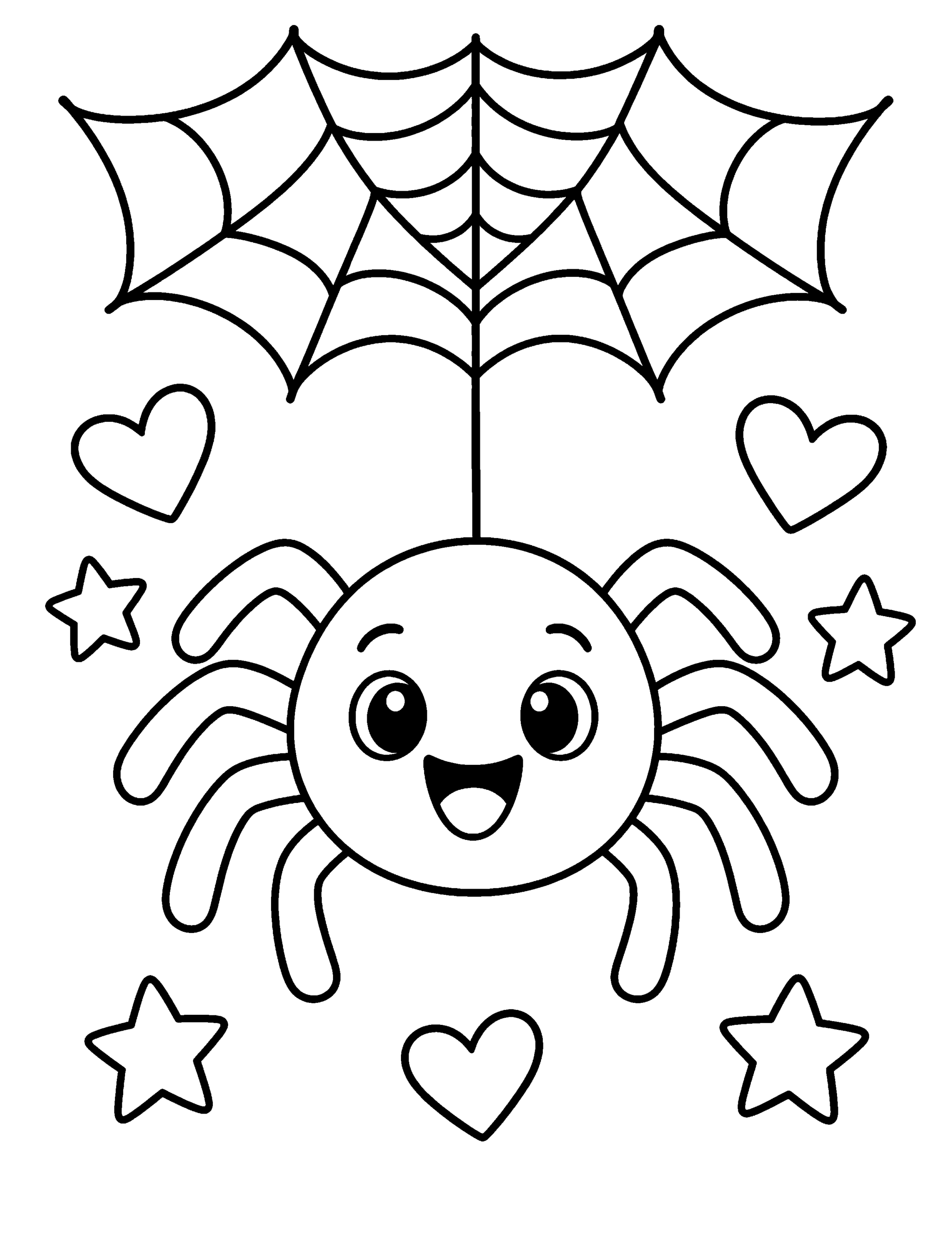 Cute smiling spider on a web Halloween coloring page.