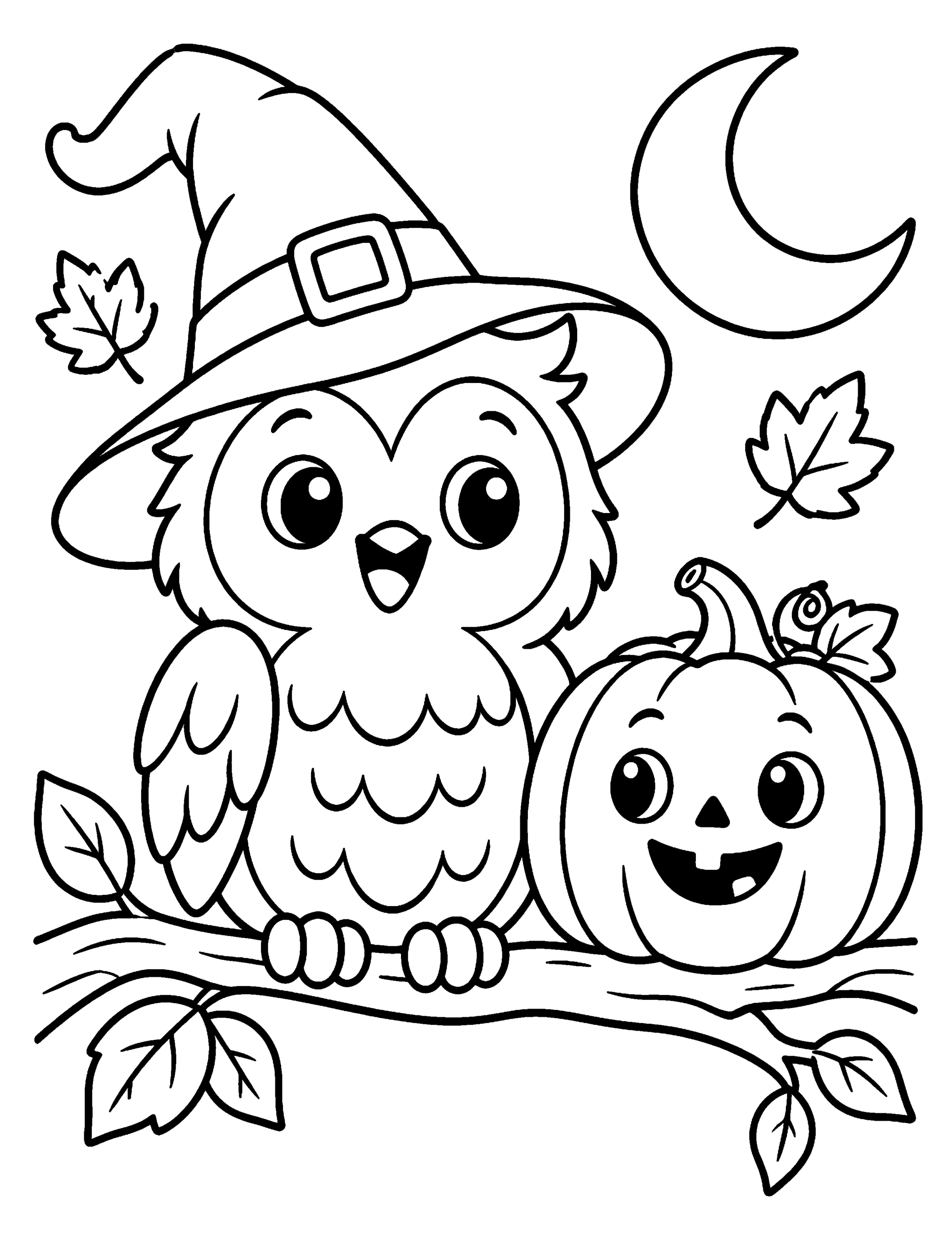 Cute Halloween owl wearing a witch hat beside a pumpkin.