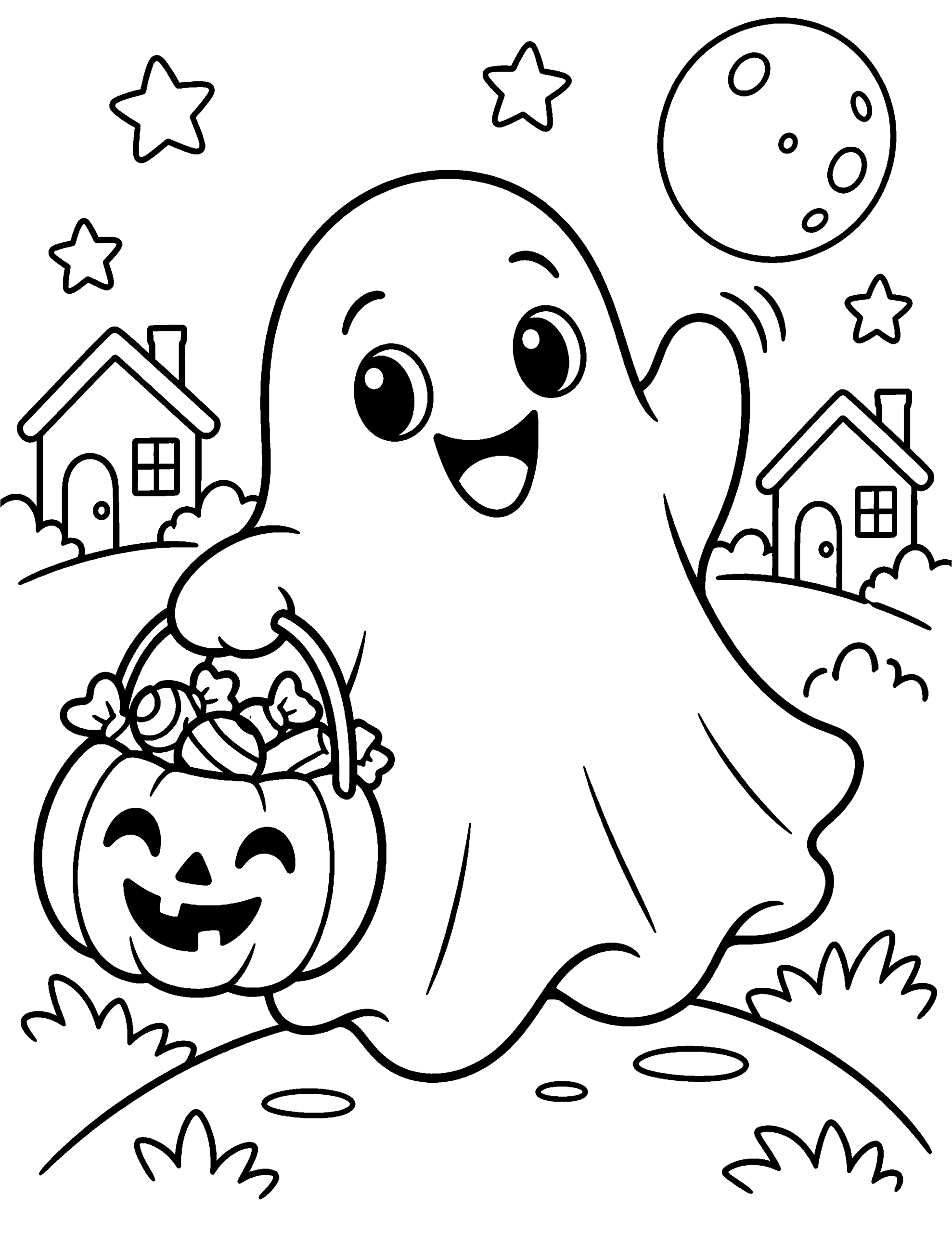Cute trick-or-treat ghost with a pumpkin candy bucket coloring page.
