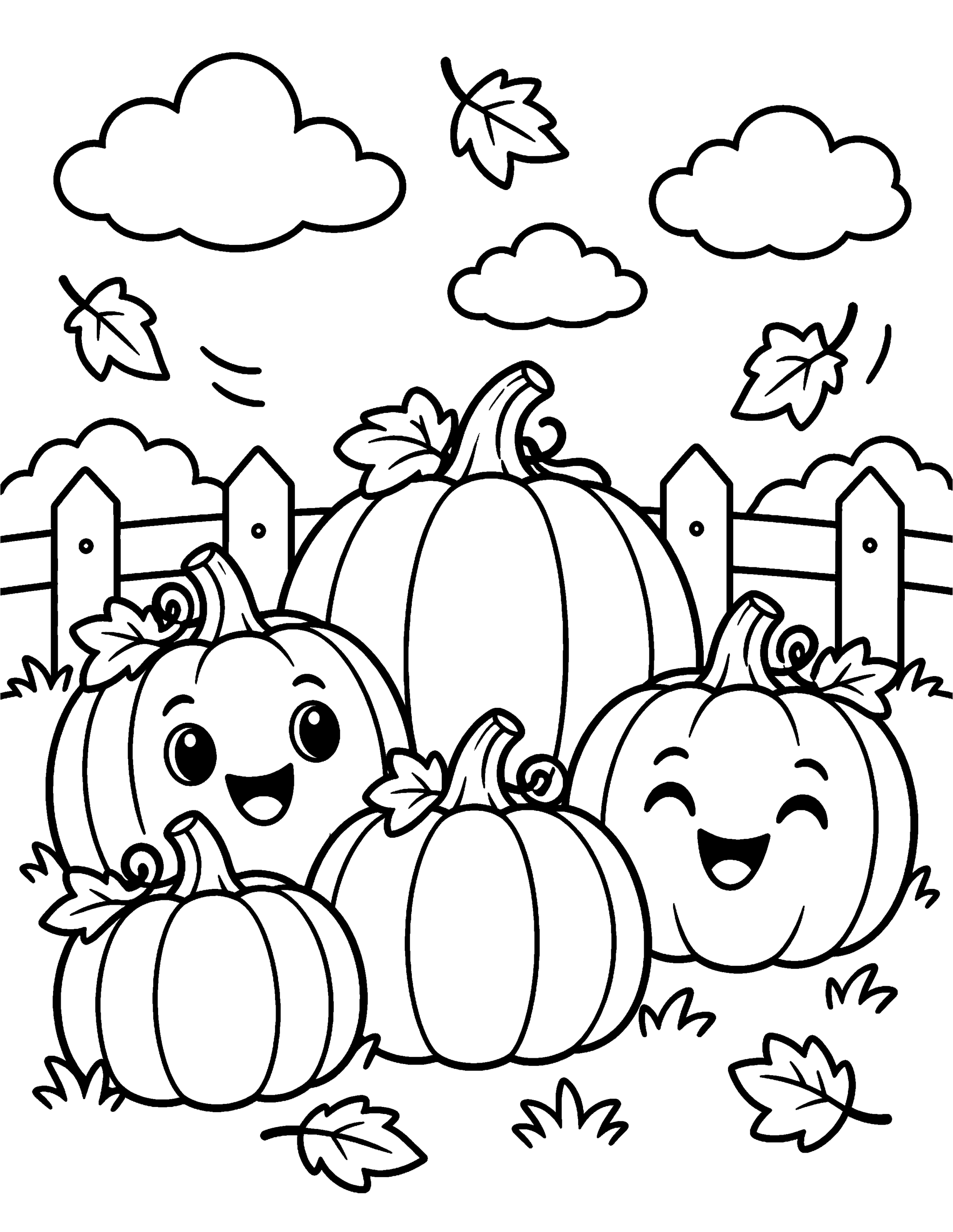 Cute pumpkin patch Halloween coloring page with smiling pumpkins and fall leaves.