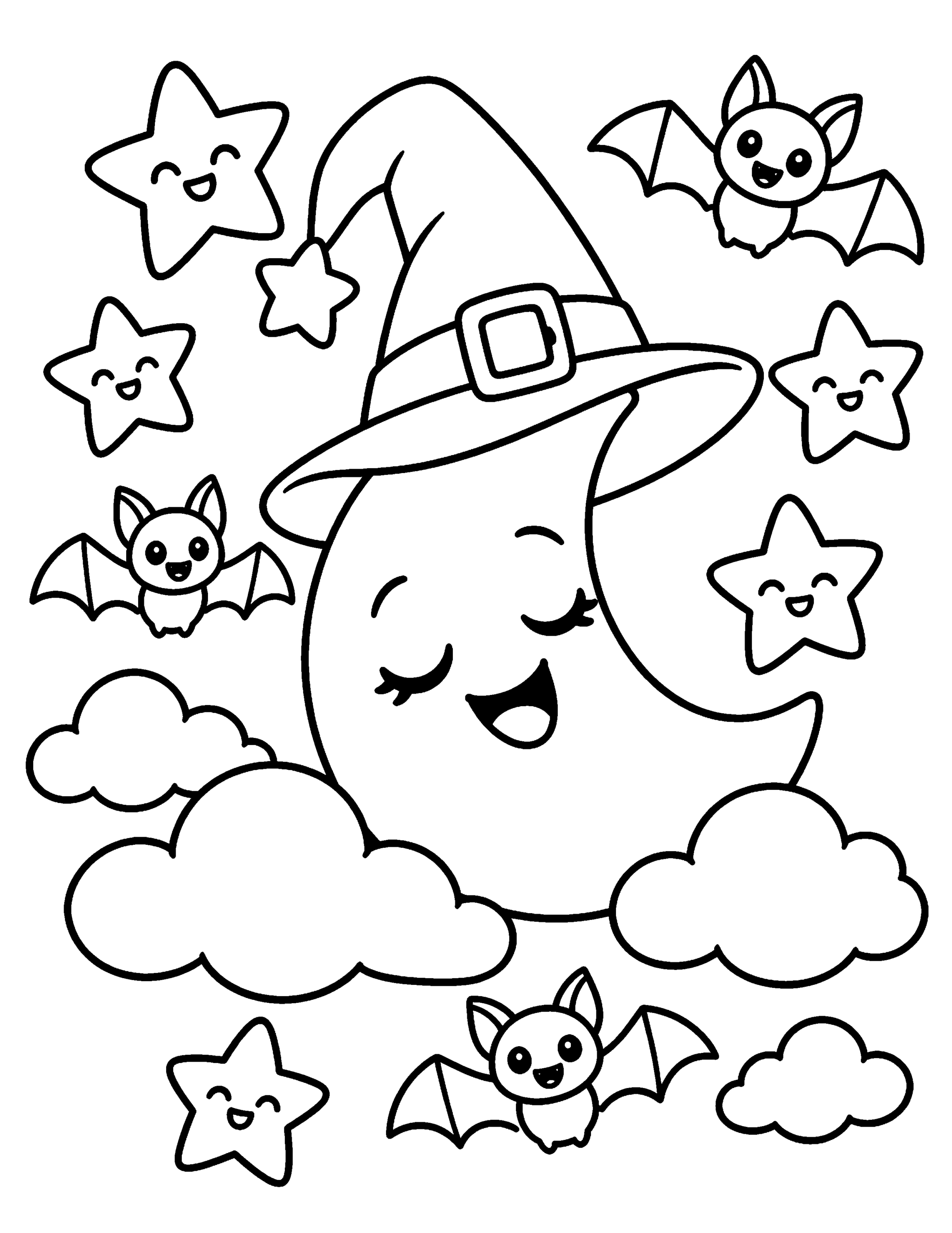Cute crescent moon in a witch hat Halloween coloring page with stars and bats.