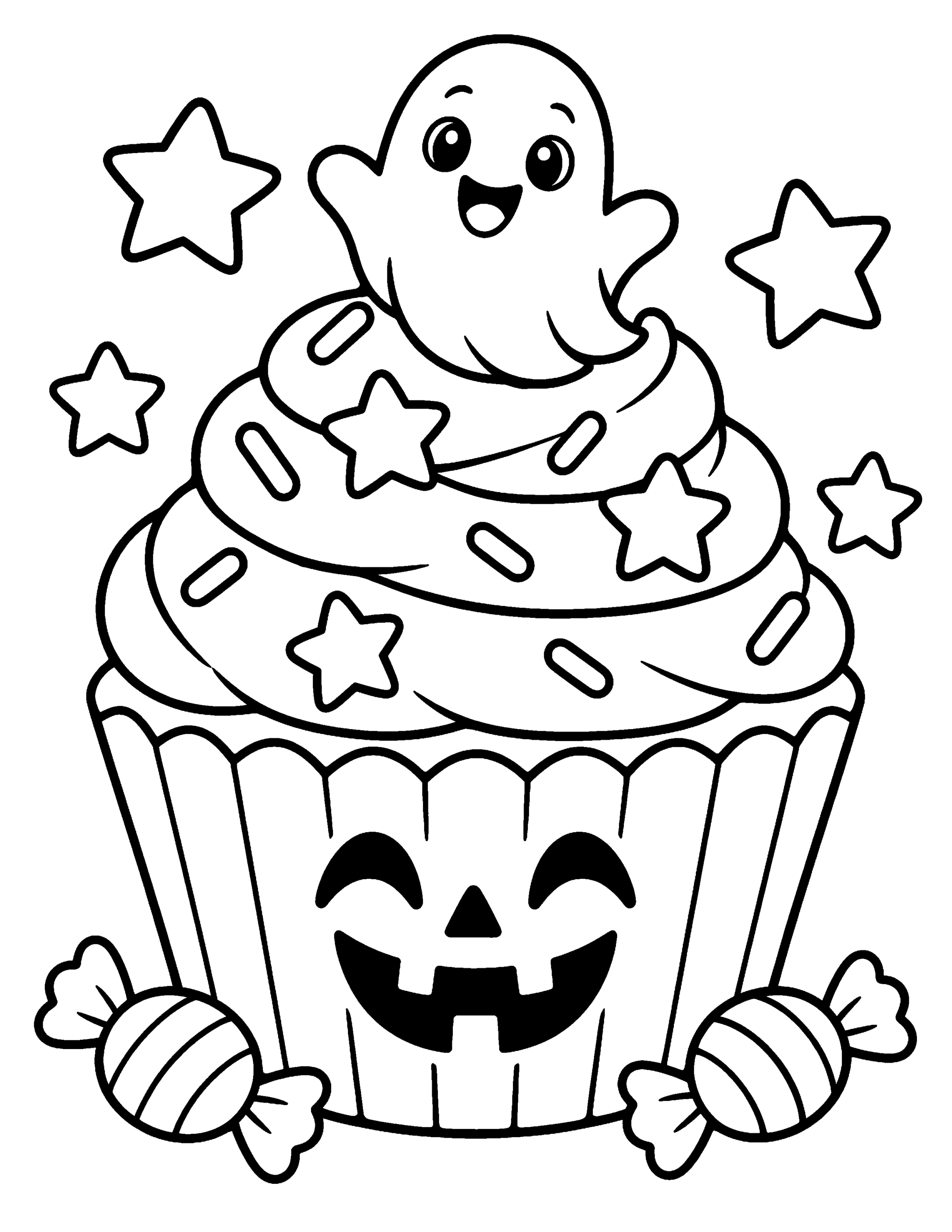 Cute Halloween cupcake coloring page topped with a ghost and sprinkles.