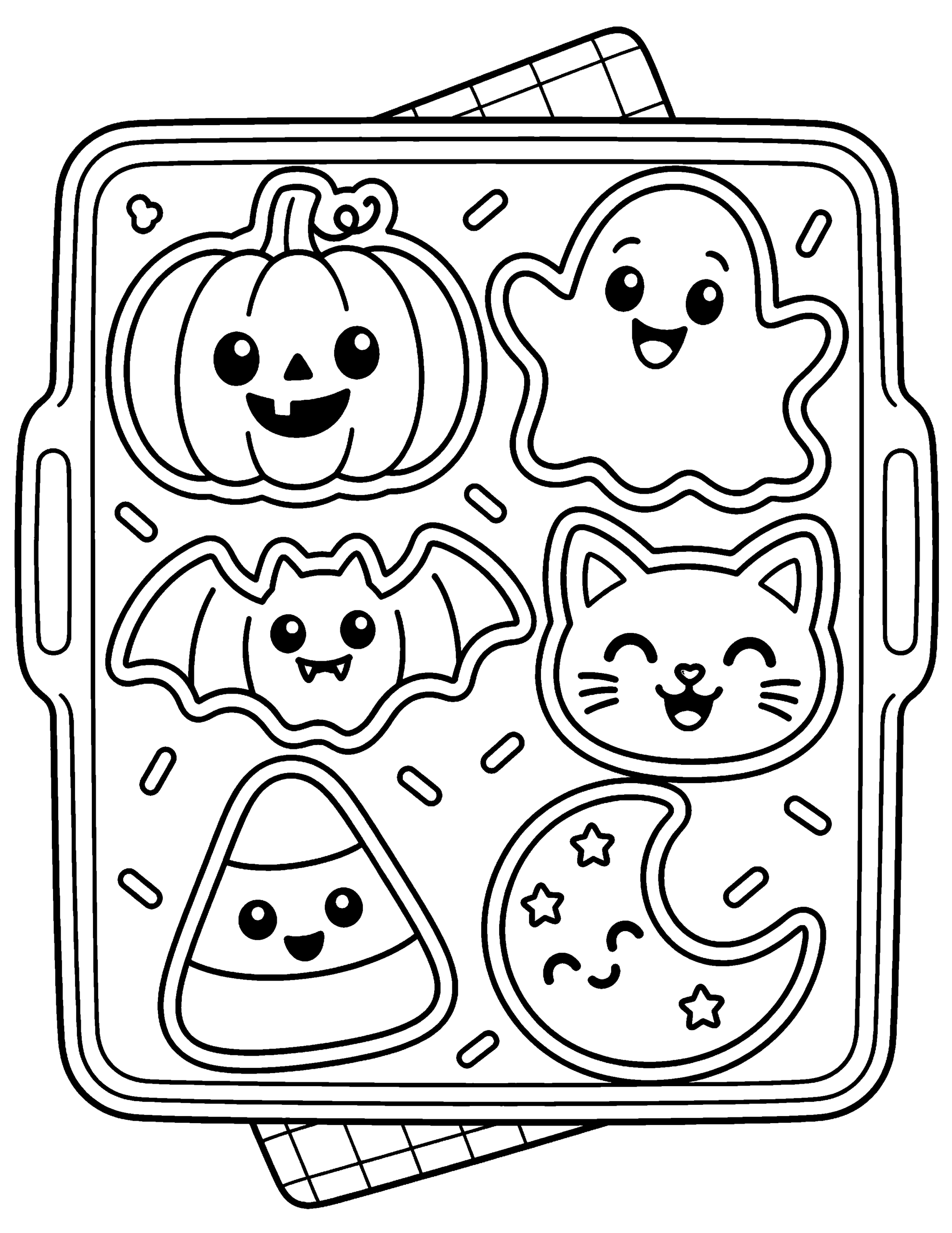 Spooky-cute Halloween cookies coloring page with pumpkin, ghost, bat and cat shapes.