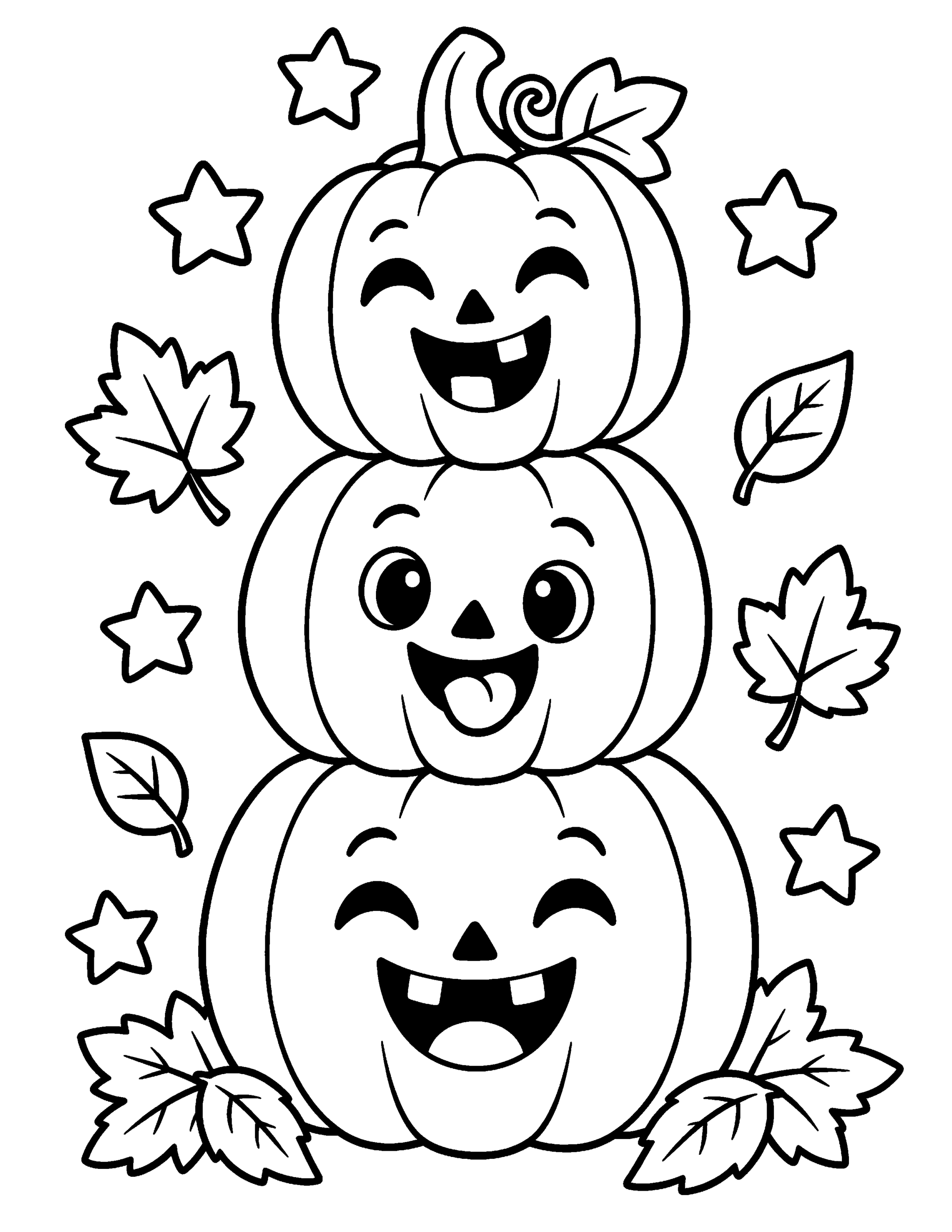 Three stacked jack-o'-lanterns with silly faces Halloween coloring page.