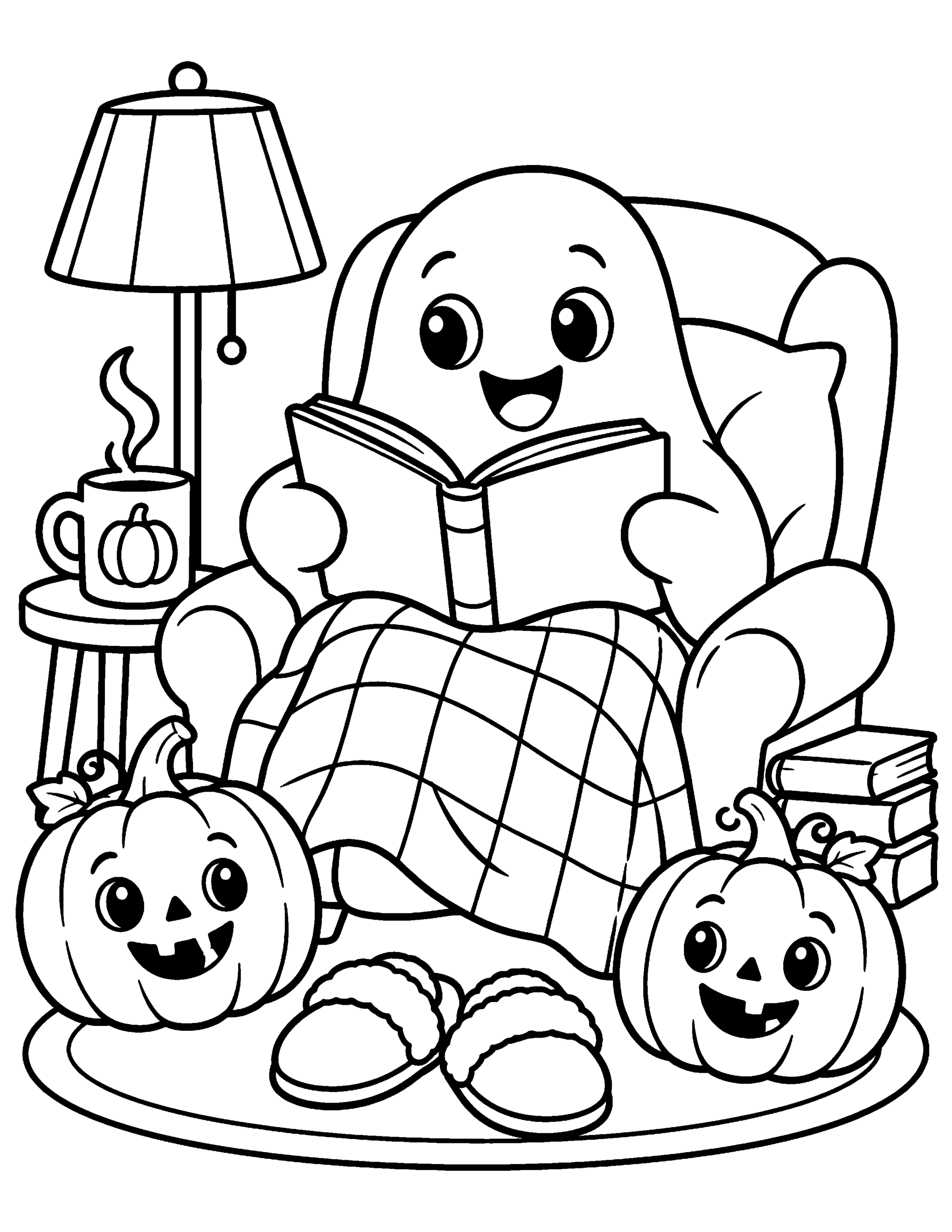 Cozy ghost reading a book with pumpkins and a warm drink Halloween coloring page.