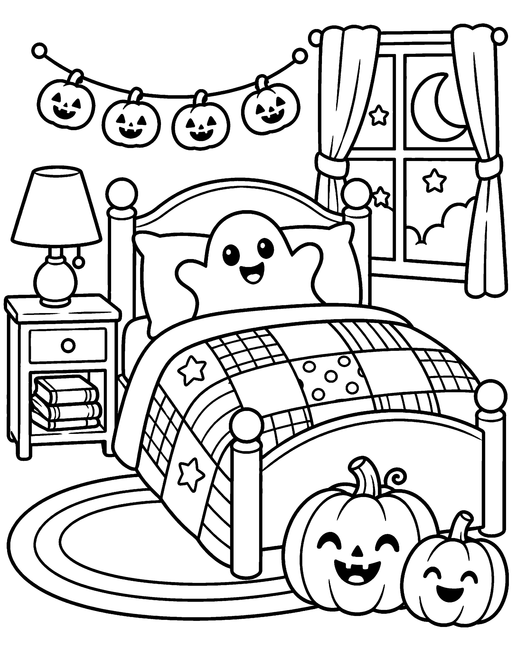 Cozy Halloween bedroom coloring page with pumpkins, ghost pillow and moonlit window.