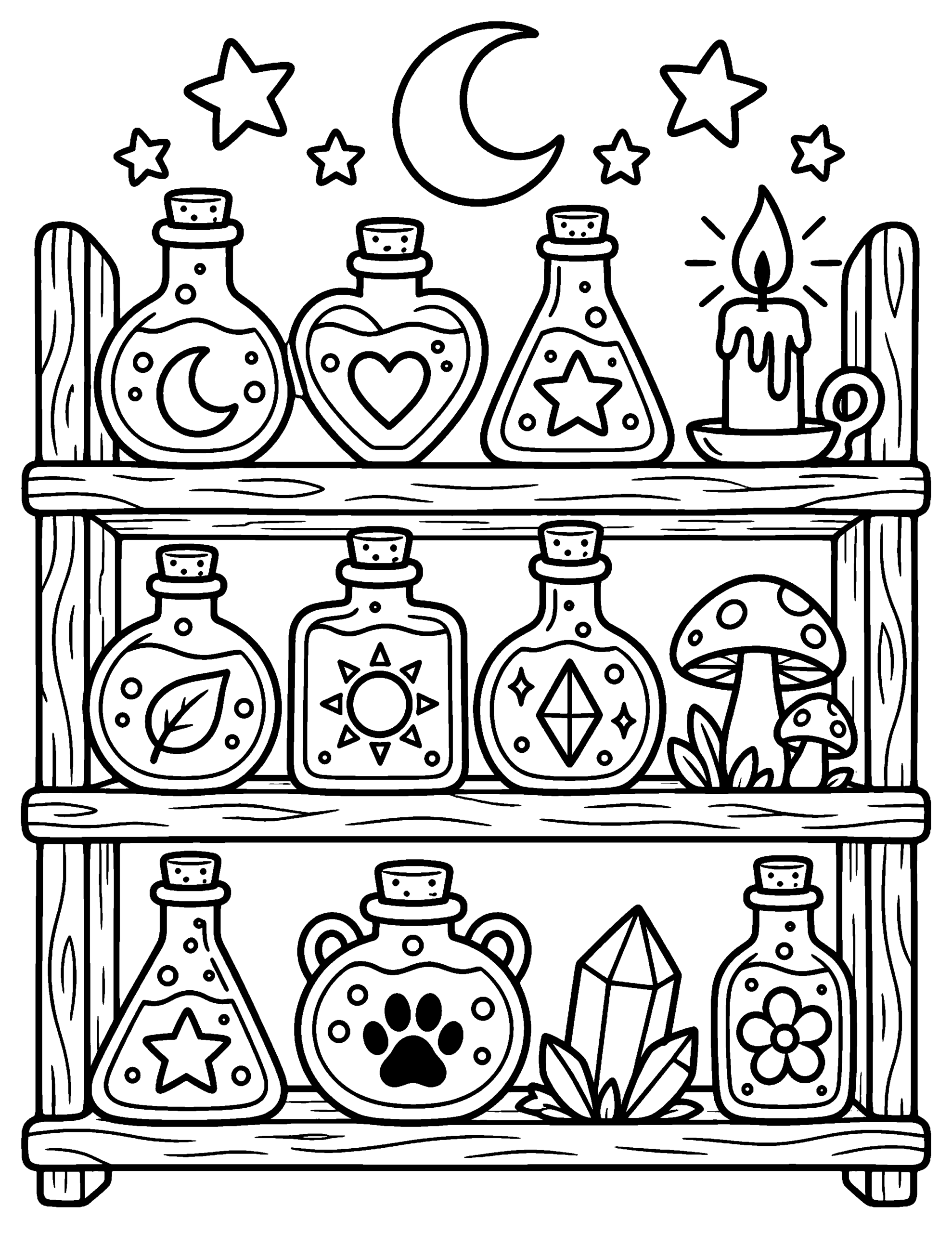 Cute witch potion shelf coloring page with bottles, candles, mushrooms and stars.