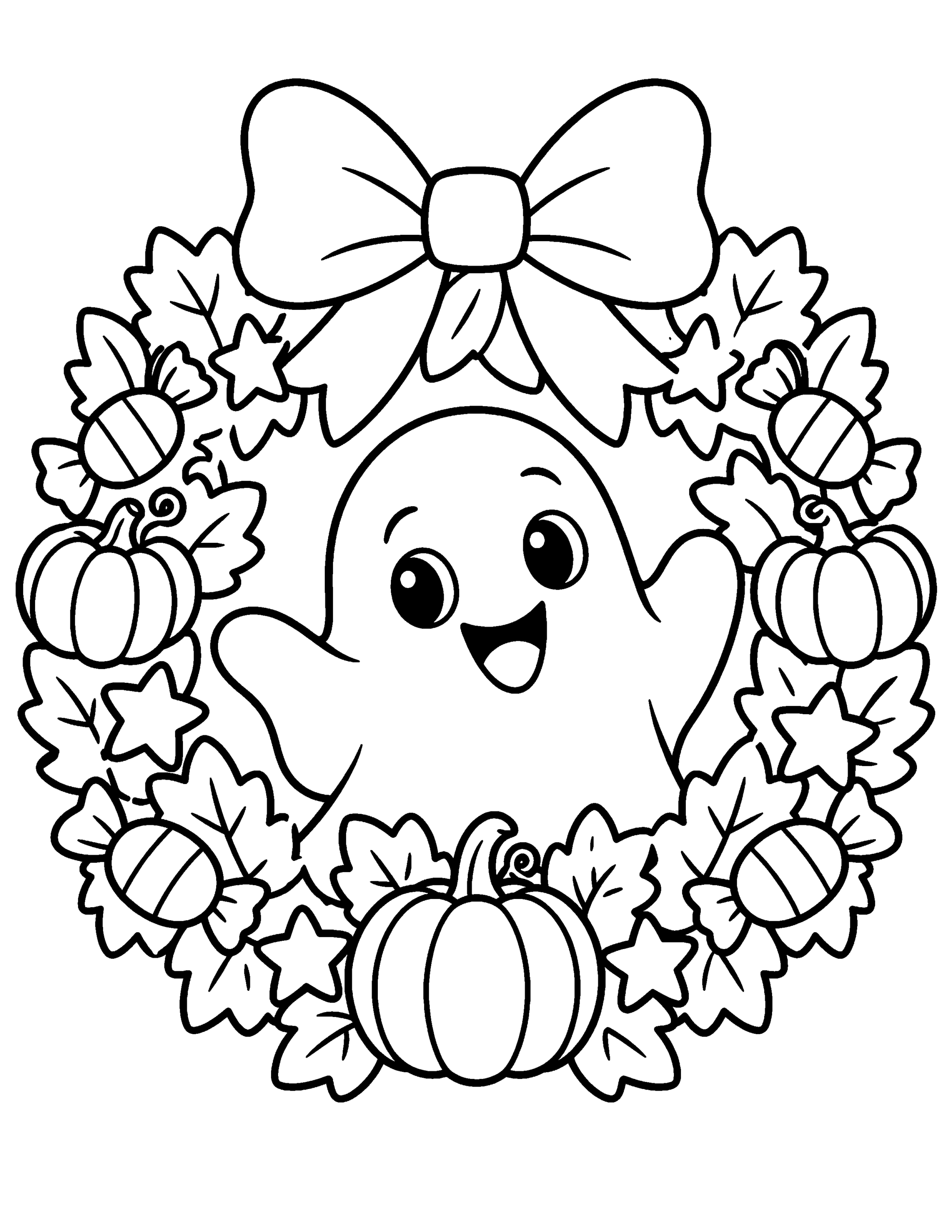 Cute Halloween wreath coloring page with pumpkins, bow, candy and a ghost.