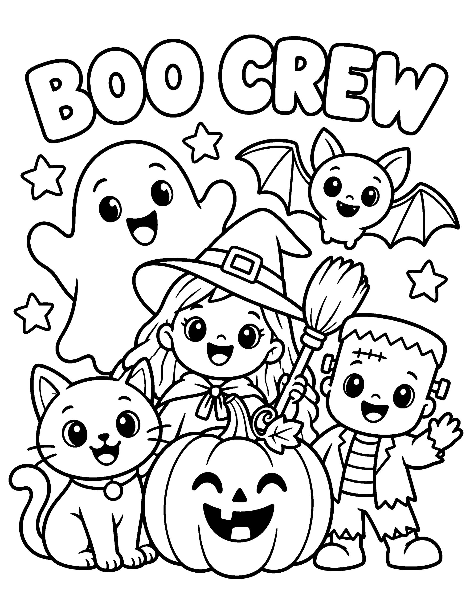 Cute Boo Crew Halloween coloring page with ghost, pumpkin, cat, bat, witch and monster.