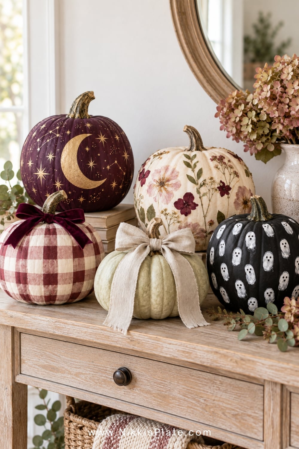 Collection of painted, floral, bow and kid-friendly no-carve pumpkins for fall and Halloween.